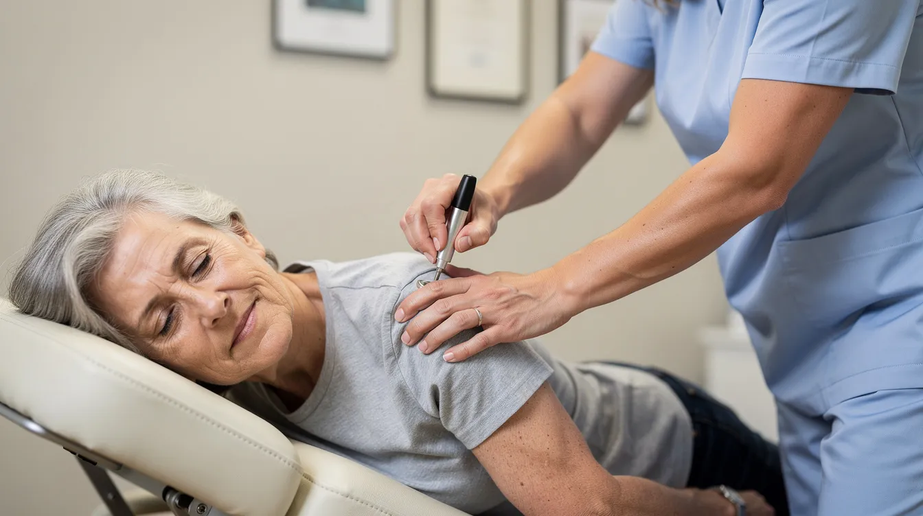 A calm scene shows a chiropractor performing a gentle instrument-assisted adjustment on an older adult, focusing on their comfort and safety. This chiropractic treatment aims to alleviate joint pain and muscle tension, promoting overall well-being while addressing the patient's health history and specific needs.