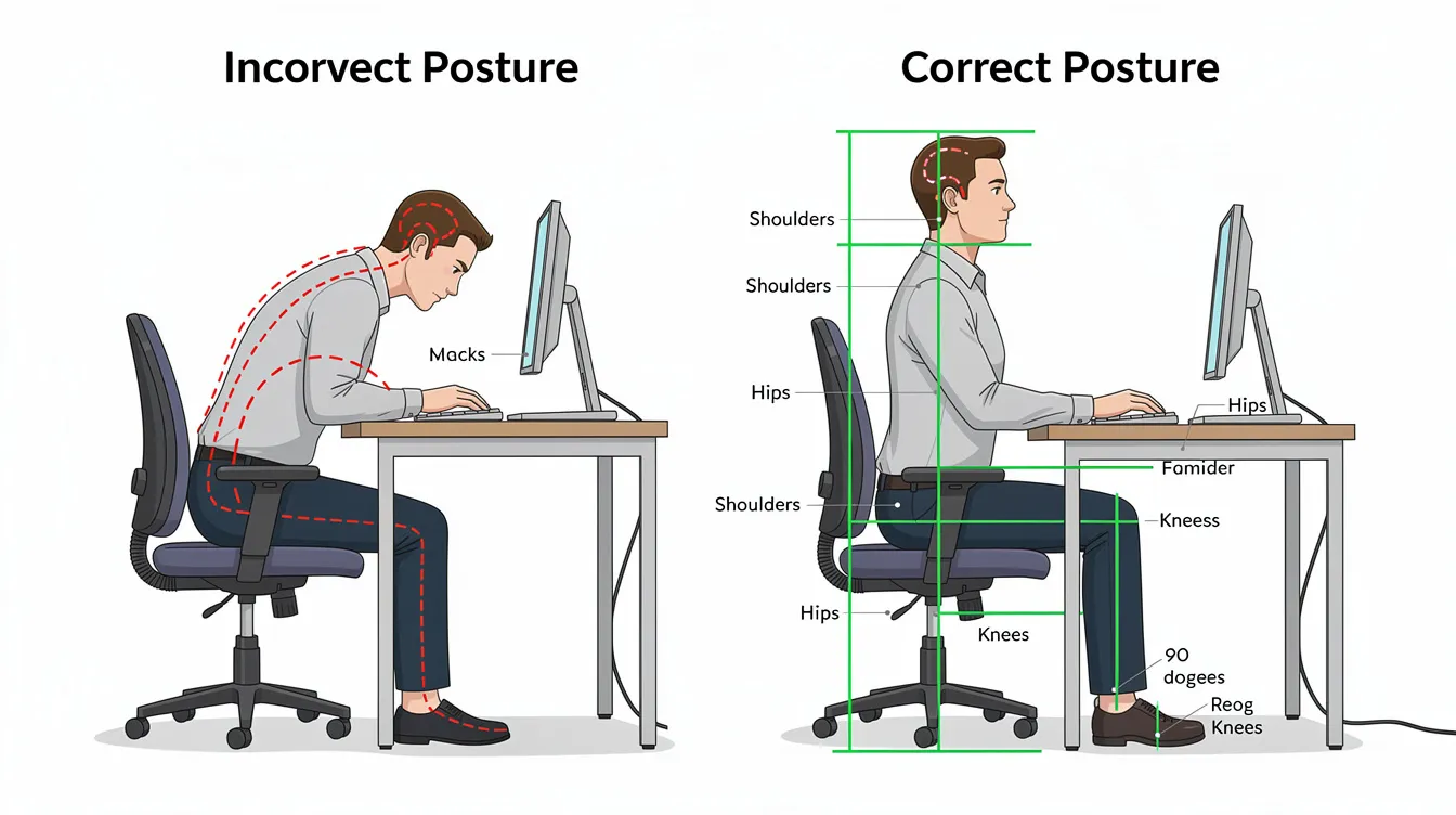 The image shows a side-by-side comparison of two desk postures: on the left, a slouched position with misalignment markers indicating poor posture, and on the right, a corrected upright posture with alignment markers demonstrating proper ergonomic alignment. This visual emphasizes the importance of wellness and correct posture, which is a focus of Active Life Chiropractic.