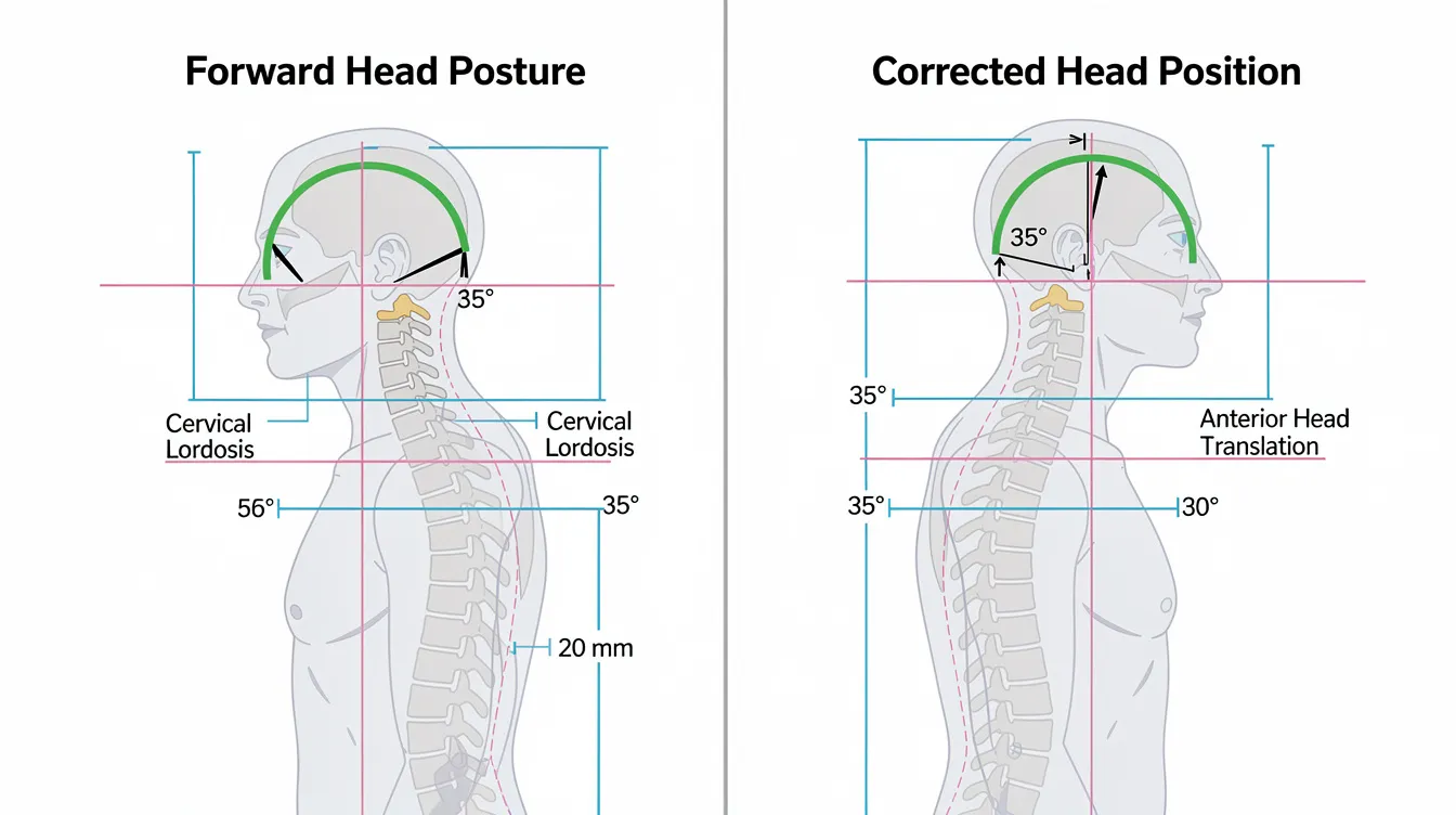 The image showcases a before and after comparison of forward head posture and its corrected position, with measurement lines indicating the cervical lordosis angle and anterior head translation. This visual highlights the importance of proper spinal alignment through chiropractic adjustments for alleviating neck pain and optimizing nervous system function.