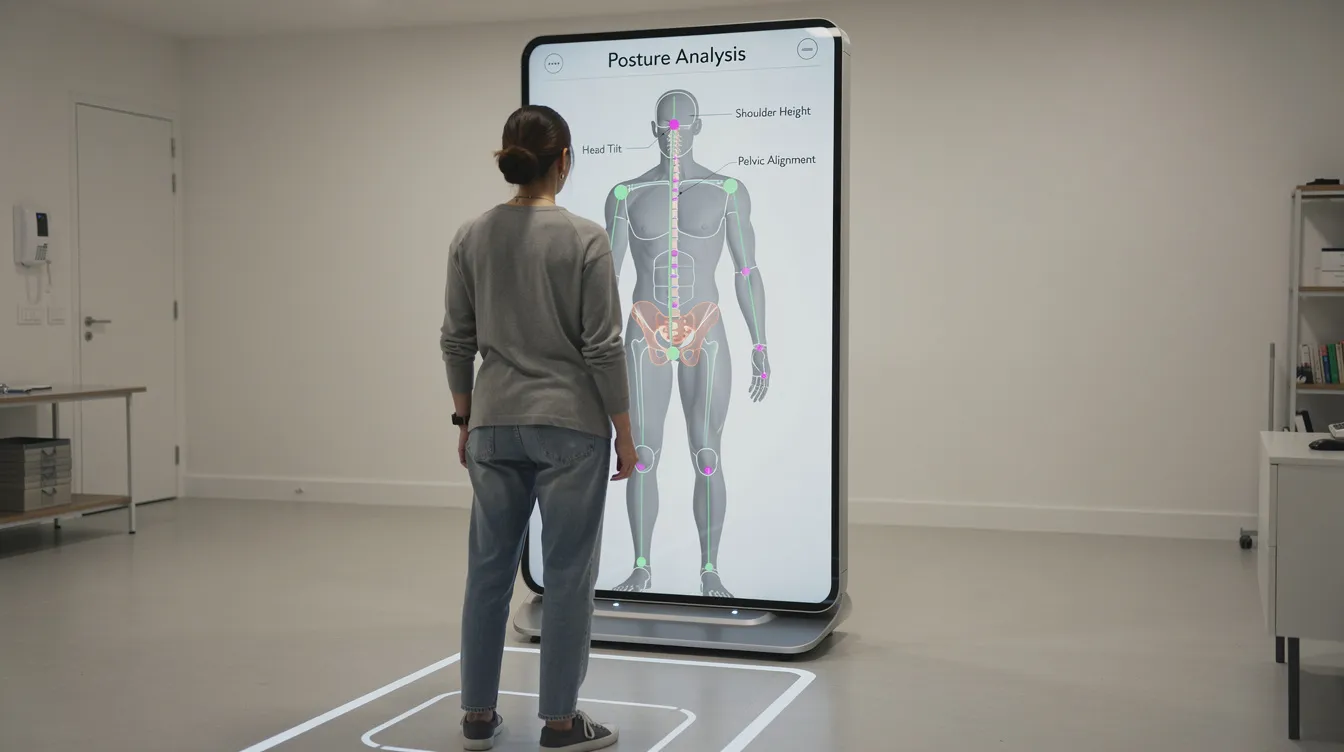 A patient stands in front of a digital posture analysis screen, where markers indicate head tilt, shoulder height, and pelvic alignment, essential for assessing musculoskeletal disorders and developing a chiropractic treatment plan. This analysis aids chiropractors in identifying issues related to joint pain and muscle tension, contributing to overall health and well-being.