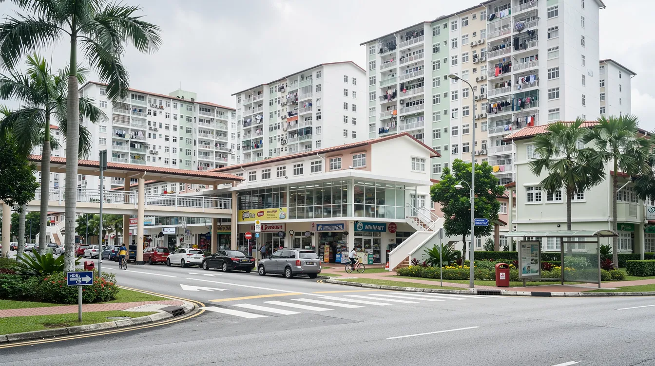The image depicts a residential neighborhood in northeast Singapore, featuring HDB flats surrounded by greenery and a nearby commercial block. This vibrant area reflects the community spirit of places like Hougang and Ang Mo Kio, where residents can easily access services such as those offered by Healing Hands for pain relief and improved movement.