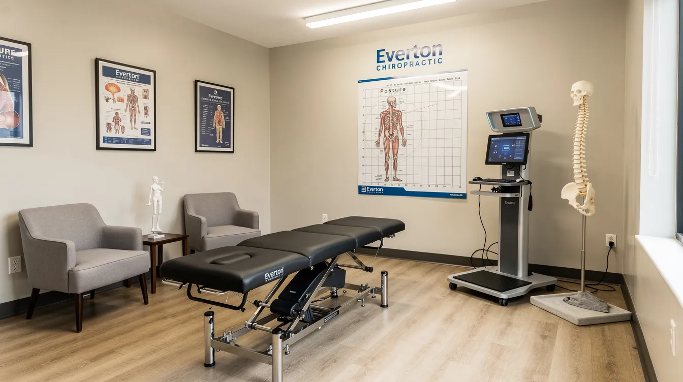 The image depicts a serene chiropractic treatment room at Active Life Chiropractic, featuring an adjustment table, a posture analysis setup, and a comfortable clinical environment designed to promote wellness and enhance the patient experience.