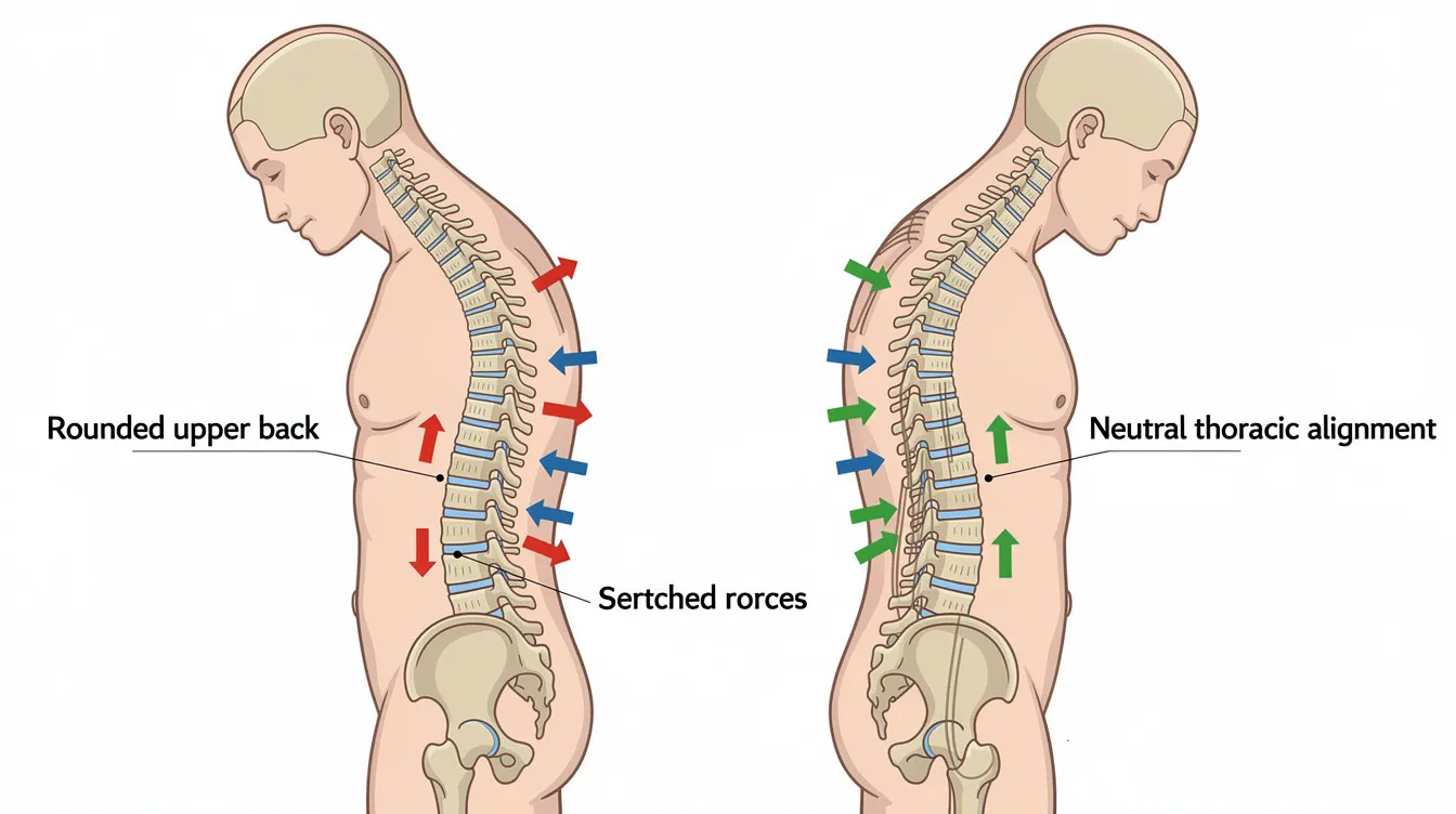 The image depicts a side view of two different postures: one showing a rounded upper back and the other exhibiting a more neutral thoracic alignment. Arrows indicate the compressive forces on the spine associated with poor posture, highlighting the importance of proper spinal alignment for alleviating pain and optimizing nervous system function.