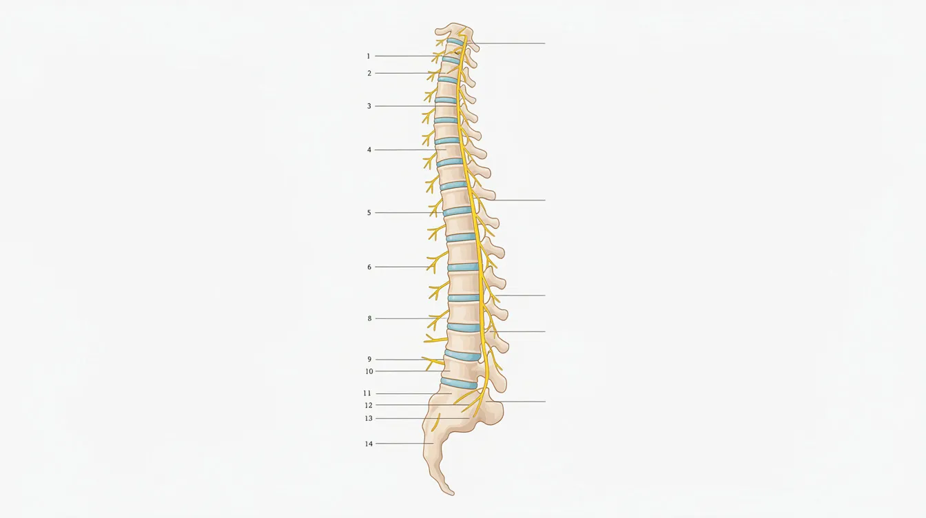 The image is a side-view anatomical diagram of the spine, clearly illustrating the vertebrae, intervertebral discs, and nerve roots exiting between the segments. This detailed representation is essential for understanding chiropractic care, particularly in addressing issues like neck pain and musculoskeletal pain.