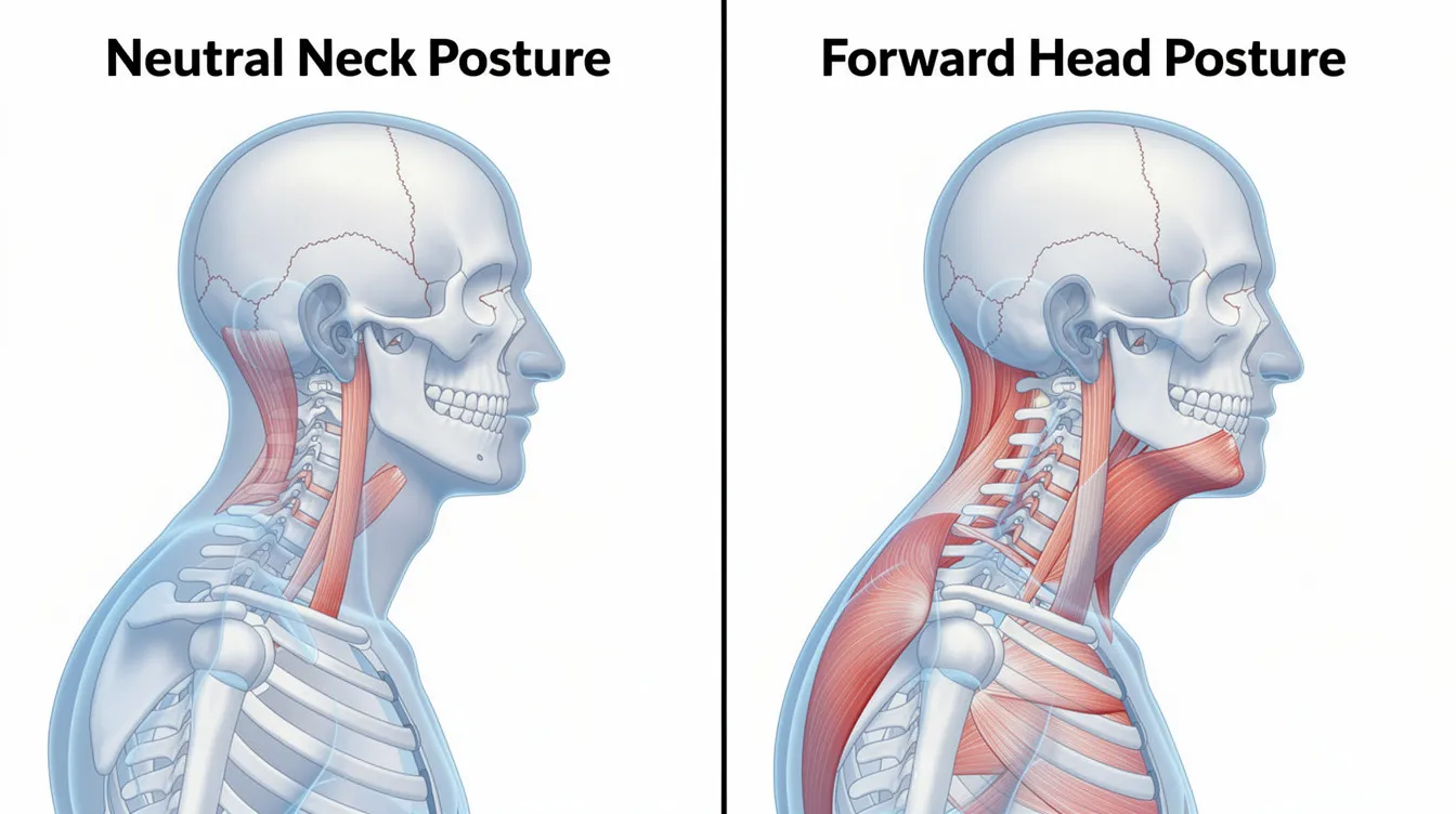 The image shows a side-by-side comparison of neutral neck posture and forward head posture, highlighting the differences in cervical spine alignment. This visual representation emphasizes the importance of maintaining optimal health and spinal health through proper chiropractic care and patient education.