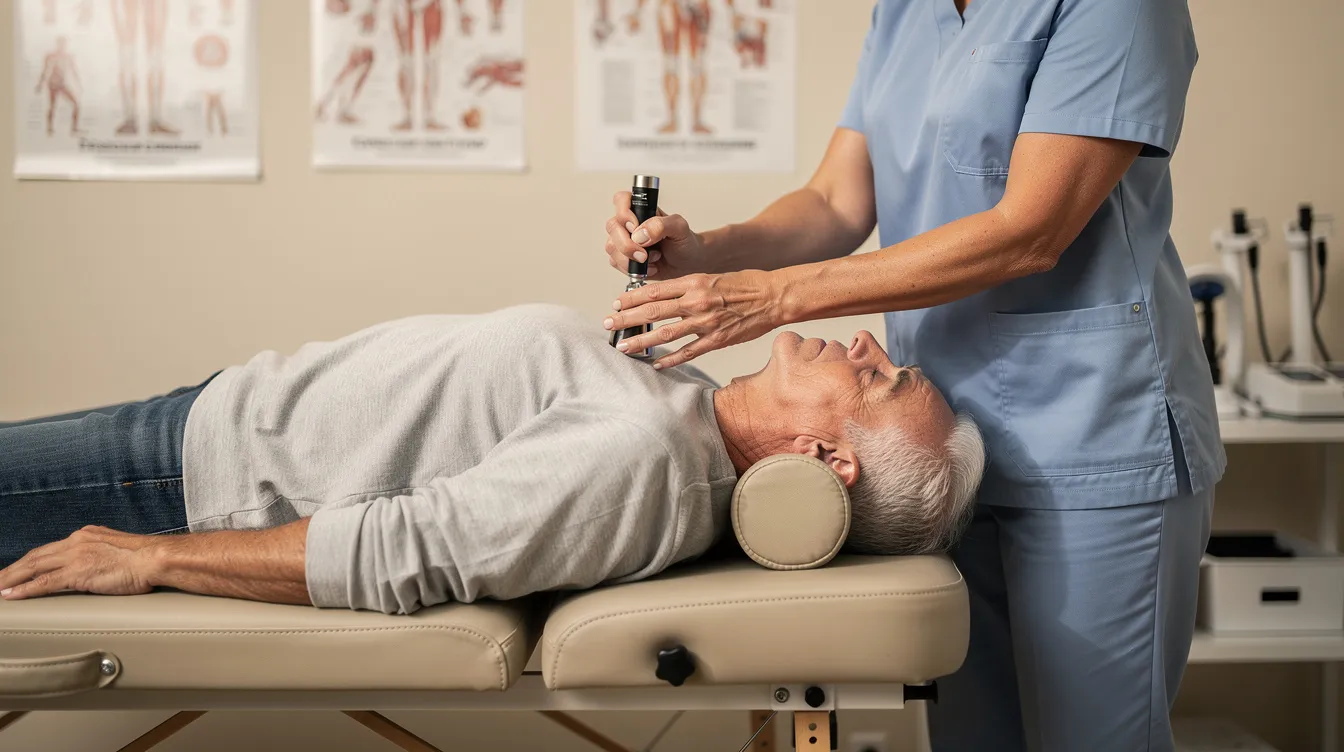 A qualified chiropractor is gently performing a low-force instrument-assisted adjustment on an older patient lying comfortably on a treatment table, focusing on restoring proper spinal alignment to alleviate pain and improve overall musculoskeletal health. This chiropractic treatment aims to optimize nervous system function and promote the body's natural healing processes.