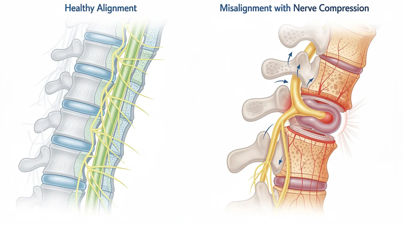 The image depicts a cross-section comparison of a healthy aligned spine alongside a misaligned spine that shows nerve compression, illustrating the impact on daily life and potential issues like shoulder pain and headaches. This visual highlights the importance of proper spinal alignment in overall health and wellness, a key focus at Total Health Chiropractic.