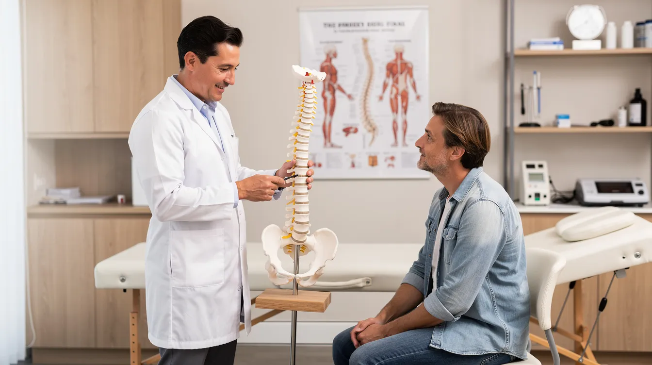 In a professional chiropractic clinic, a registered chiropractor explains a spine model to a patient during a consultation, highlighting the importance of spinal alignment and chiropractic care for alleviating musculoskeletal pain. The setting reflects a focus on optimal health and the body's natural healing processes, providing a welcoming atmosphere for patients seeking relief from issues like neck pain and low back pain.