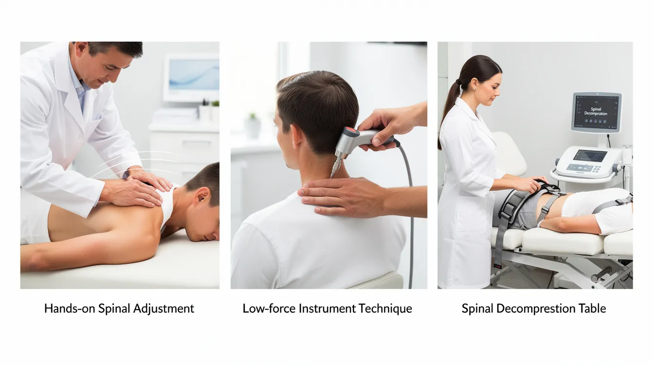 This collage showcases various chiropractic techniques, including a hands-on spinal adjustment, a low-force instrument technique, and a spinal decompression table, all emphasizing the wellness approach of Active Life Chiropractic. Each image represents a different method used to achieve positive results in spinal health and overall well-being.