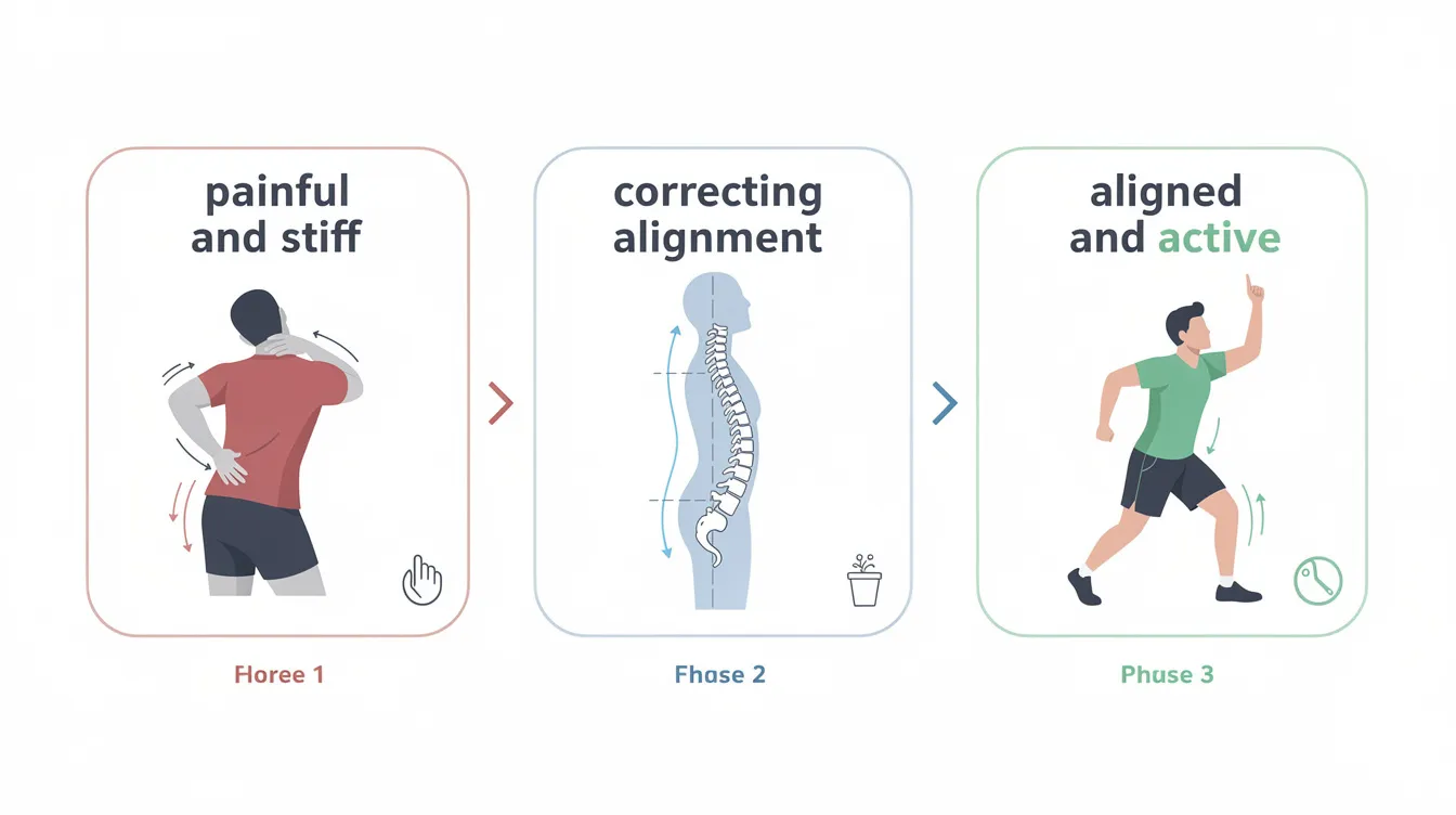 This infographic illustrates the three phases of recovery at Active Life Chiropractic, transitioning from "painful and stiff" to "correcting alignment," and finally reaching "aligned and active," highlighting the journey towards wellness and improved results.