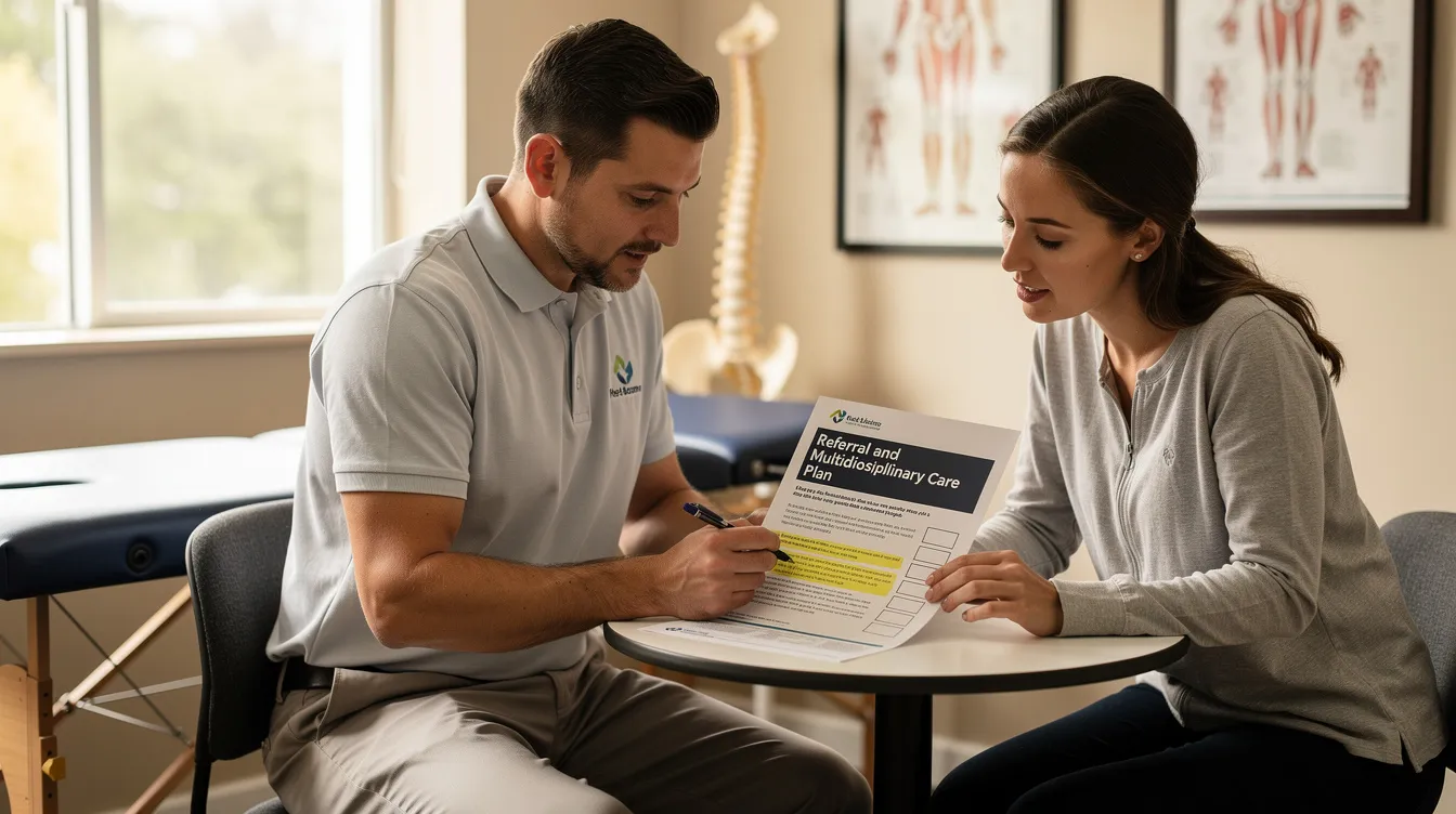A chiropractor and a patient are seated together, reviewing a referral letter or multi-disciplinary care plan that outlines treatment options for musculoskeletal pain. The discussion highlights the patient's health history and potential chiropractic adjustments aimed at improving their overall well-being and addressing issues such as joint pain and muscle tension.
