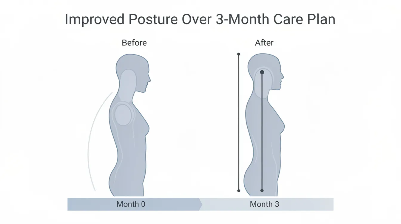 The image displays two silhouettes illustrating the significant improvement in posture over a three-month care plan, highlighting better ear-shoulder-hip alignment. This visual representation emphasizes the positive results achieved through Active Life Chiropractic's wellness program.