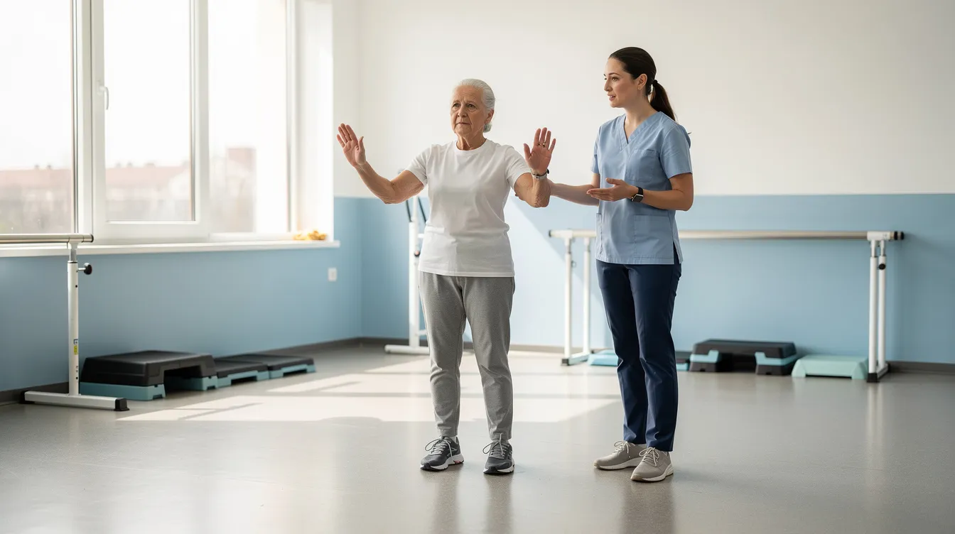 An older adult is practicing a gentle standing balance exercise in a clinic, guided by a practitioner who provides personalized chiropractic care. This exercise is part of a rehabilitation plan aimed at improving overall health and alleviating discomfort related to musculoskeletal pain.