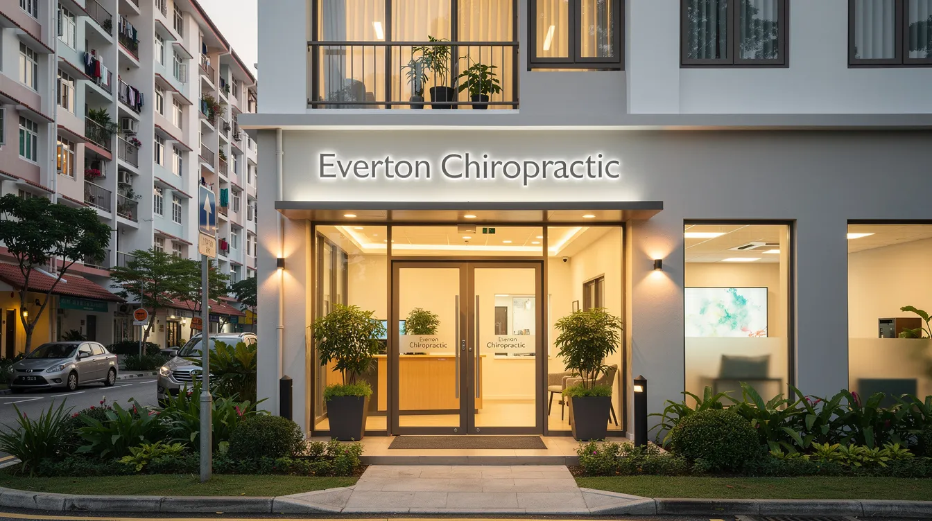 The image depicts the inviting exterior of the Everton Chiropractic clinic located in Everton Park, Singapore, showcasing a modern design that emphasizes wellness and a welcoming atmosphere for visitors seeking active life chiropractic services. The clinic's signage is clear and prominent, reflecting its commitment to providing positive results and an excellent experience for clients.