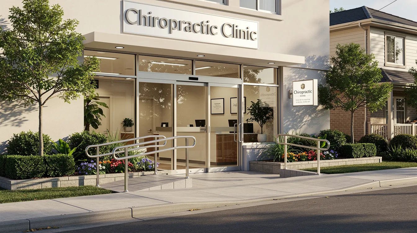 The image shows the welcoming exterior of a chiropractic clinic in Singapore, featuring clear signage and lush greenery surrounding a bright, accessible entrance. This inviting atmosphere reflects the clinic's commitment to providing personalized chiropractic care for patients seeking relief from neck pain, shoulder pain, and other musculoskeletal issues.