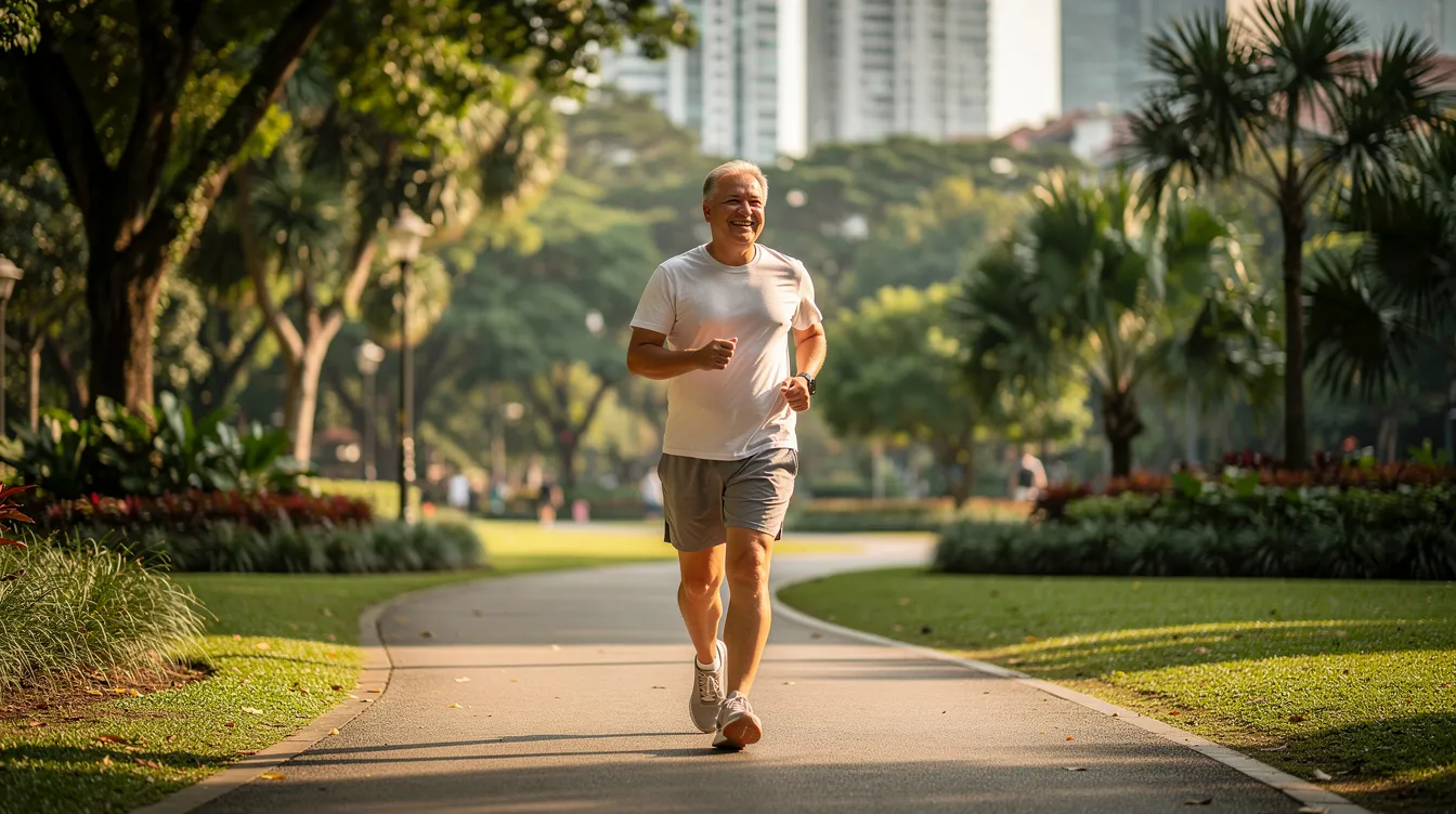 A patient is actively walking in a vibrant Singapore park, showcasing improved movement and reduced pain, which reflects the benefits of chiropractic care in enhancing mobility and overall well-being. This scene symbolizes the positive impact of chiropractic adjustments on the musculoskeletal system, helping individuals overcome joint pain and muscle tightness.