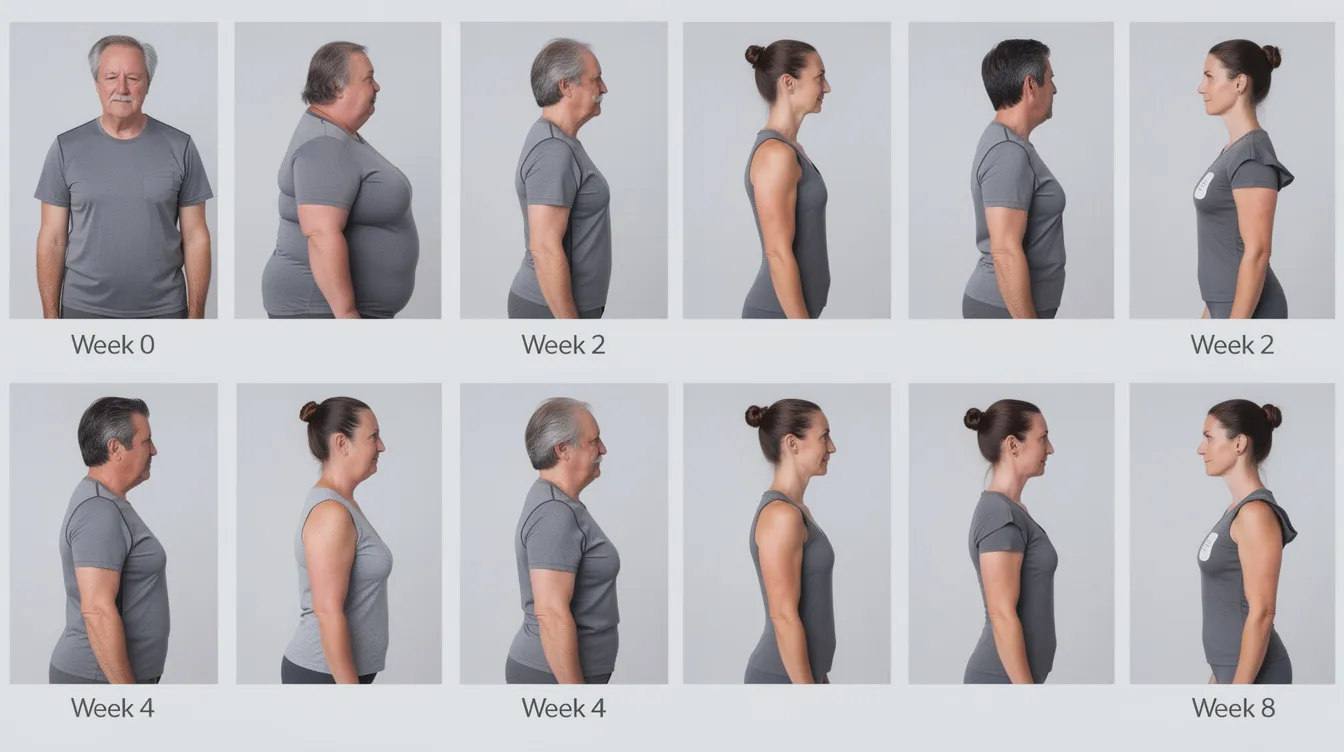 The image shows a grid of before-and-after posture comparison photos, highlighting improvements in shoulder alignment and head position over several weeks, demonstrating the positive impact of chiropractic care on daily life and overall health. The total health chiropractic logo is featured, emphasizing the clinic's commitment to helping patients achieve better posture and relieve issues like shoulder pain and headaches.