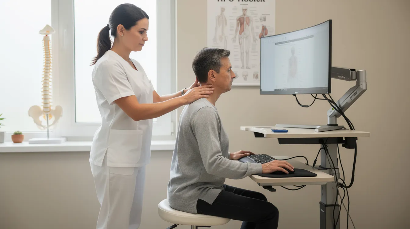 A chiropractor is evaluating a patient's neck posture next to a modern standing desk setup, emphasizing the importance of wellness and ergonomic alignment in daily activities. This scene reflects the commitment of Active Life Chiropractic to improving patient results through personalized assessments.