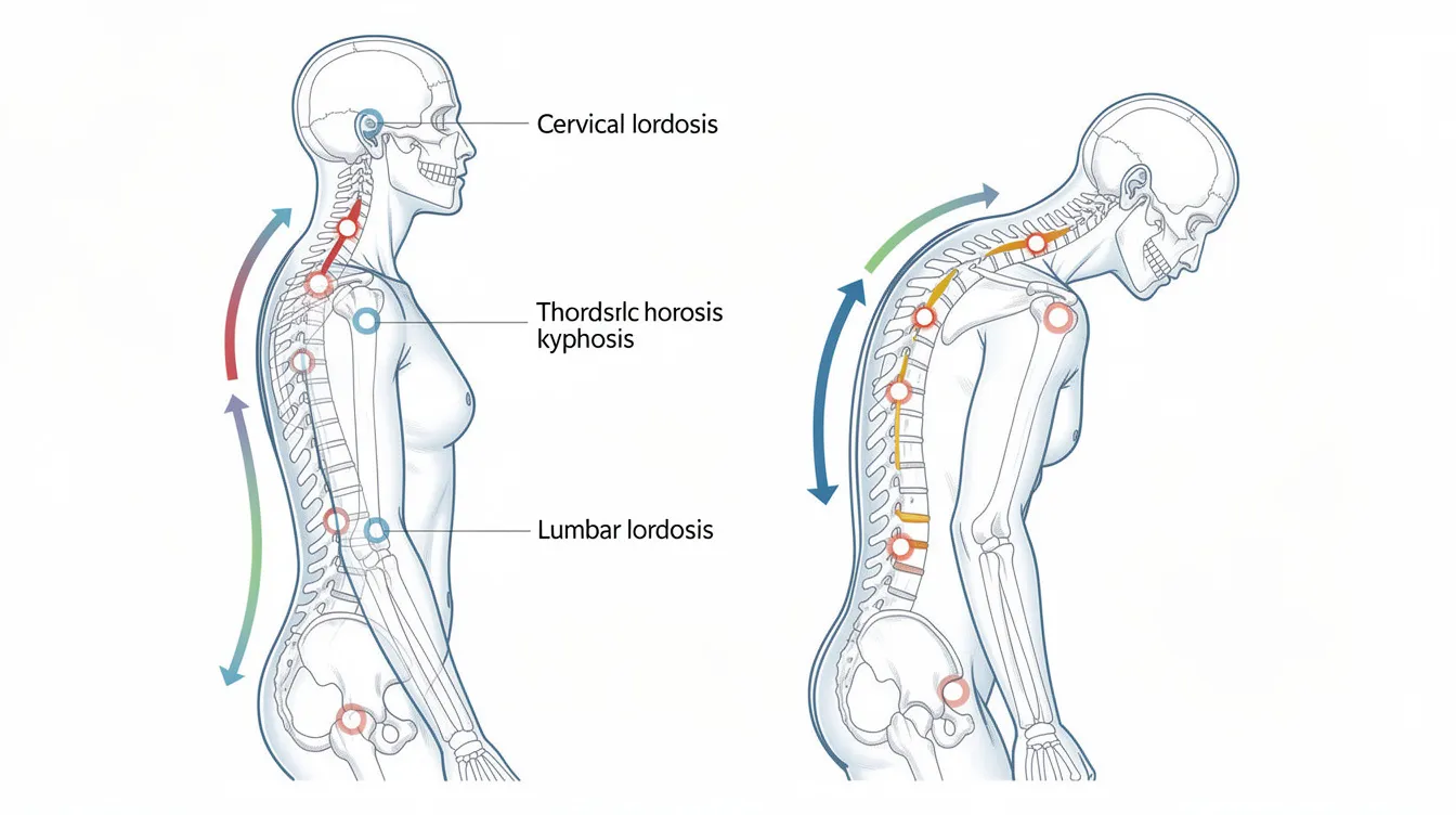The image depicts a side view of a neutral spine alongside a slouched spine exhibiting forward head posture, highlighting cervical lordosis, thoracic kyphosis, and lumbar lordosis. Arrows indicate increased stress points, emphasizing the importance of proper spinal alignment for alleviating pain and optimizing nervous system function through chiropractic care.