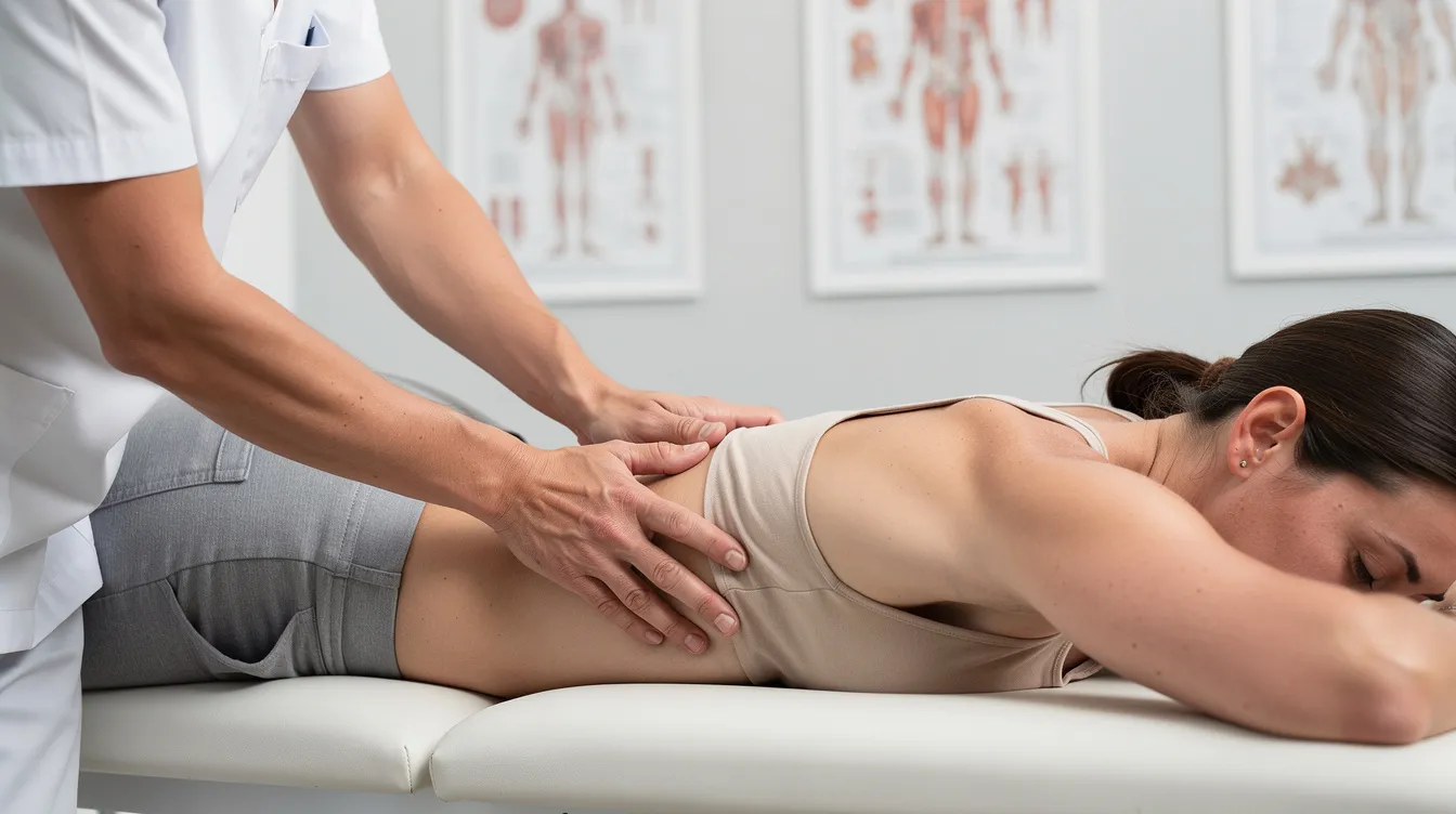 The image shows a chiropractor's hands gently performing a mid-back adjustment on a patient in a calm clinical setting, highlighting the careful spinal manipulation aimed at relieving joint pain and muscle tightness. This chiropractic treatment reflects the professional's clinical expertise in promoting overall health and well-being through non-invasive techniques.