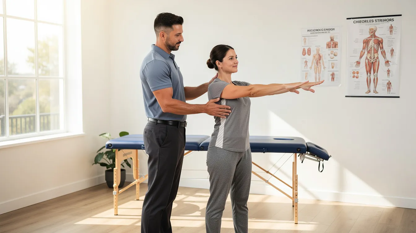 A chiropractor is demonstrating a simple home stretch to a patient in a bright clinic, focusing on improving posture and relieving muscle tightness. This chiropractic care technique aims to enhance the patient's overall well-being and mobility, addressing potential joint pain and promoting a healthy musculoskeletal system.