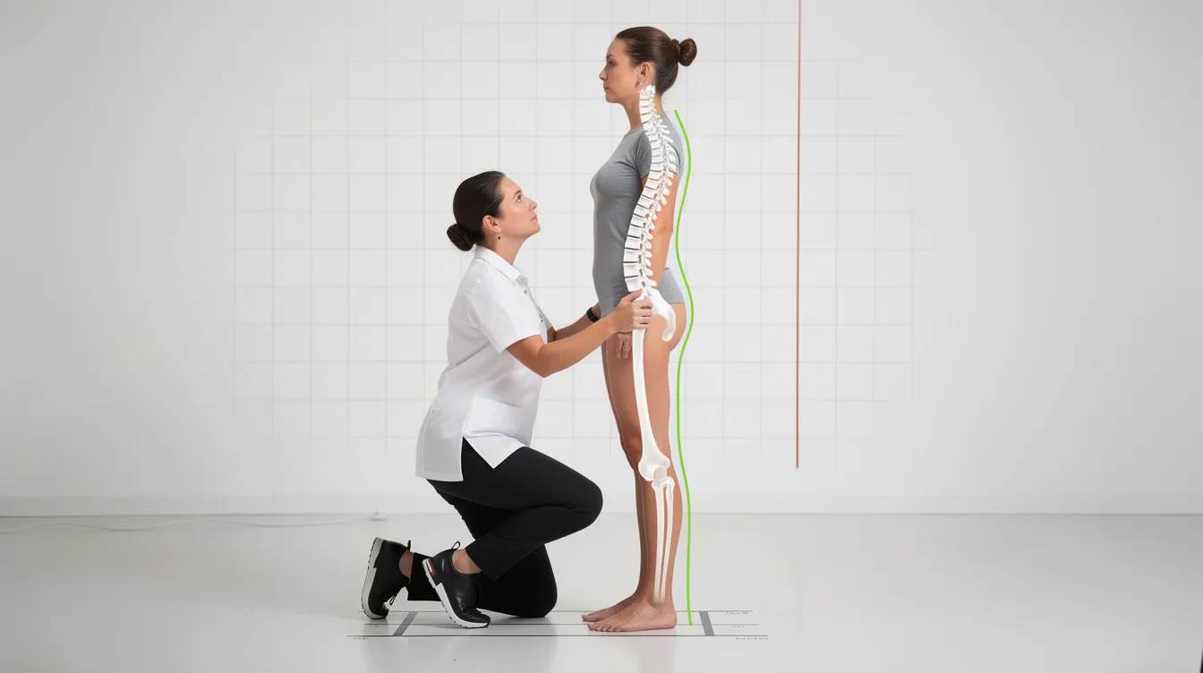 A chiropractor is seen assessing a patient's posture from the side, with visible spine alignment markers indicating the alignment of the spinal joints. This evaluation is crucial in developing a chiropractic treatment plan to address issues like joint pain and muscle tightness, promoting overall health and well-being.