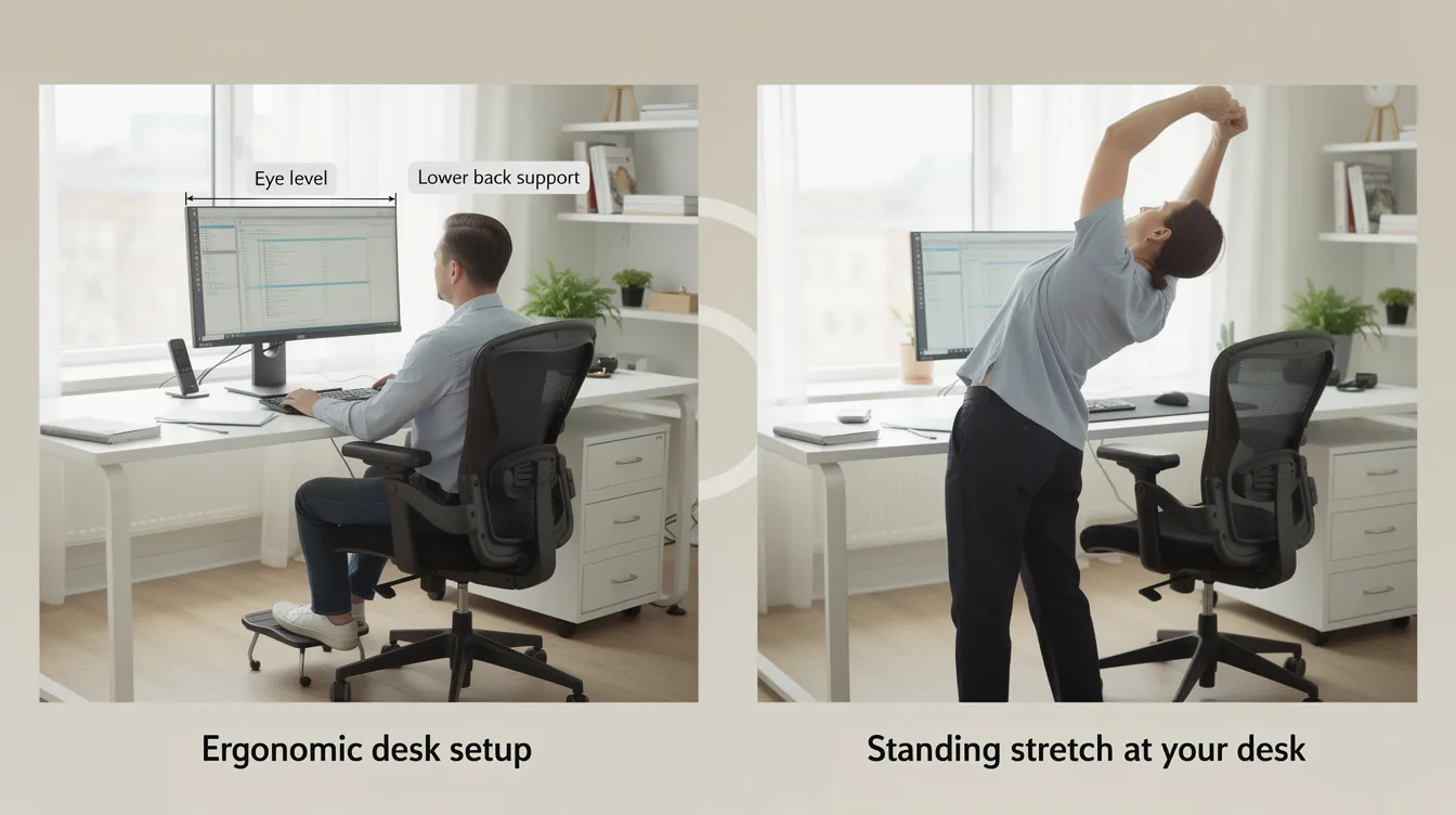 The image features a two-panel comparison of an ergonomic desk setup, highlighting the correct monitor height and chair support, alongside an individual performing a simple standing stretch at their workstation. This setup promotes optimal health and can help alleviate discomfort related to musculoskeletal pain, emphasizing the importance of proper alignment and posture in chiropractic care.