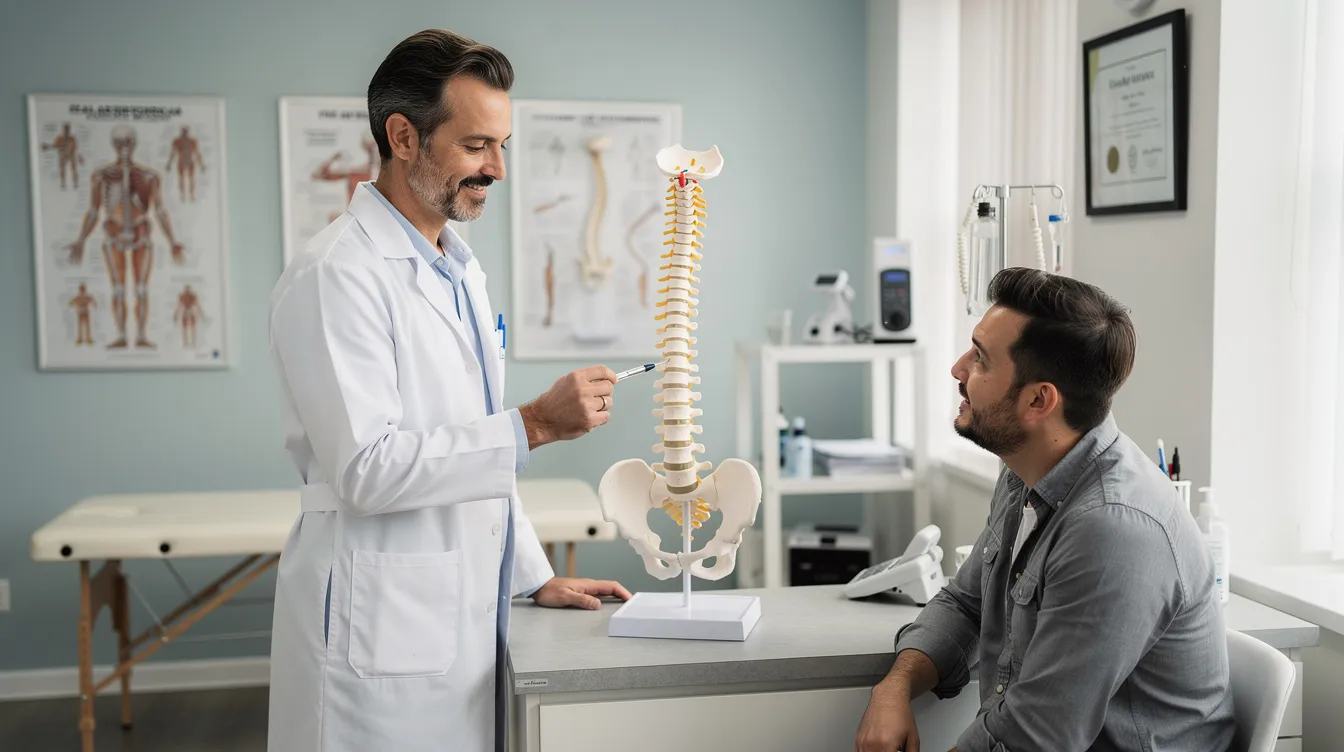 A chiropractor at Active Life Chiropractic is explaining various treatment options to a patient, while gesturing towards a detailed spine model to illustrate the concepts. The setting emphasizes a focus on wellness and personalized care, reflecting the experience and results that Active Life Chiropractic aims to provide.