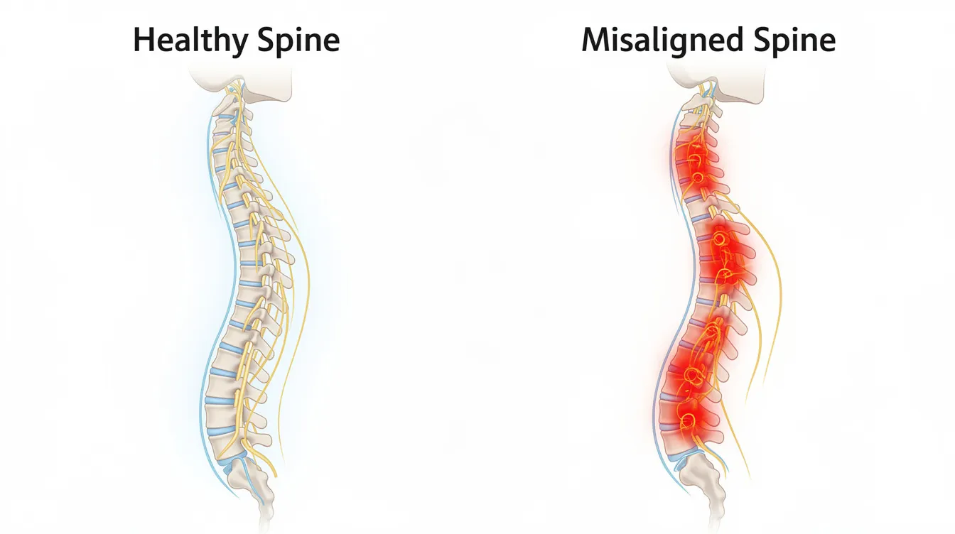 The image shows a side-by-side comparison of a healthy aligned spine and a misaligned spine, with highlighted areas indicating nerve compression. This visual emphasizes the importance of chiropractic care in maintaining spinal health and addressing discomfort that can affect daily activities and overall quality of life.