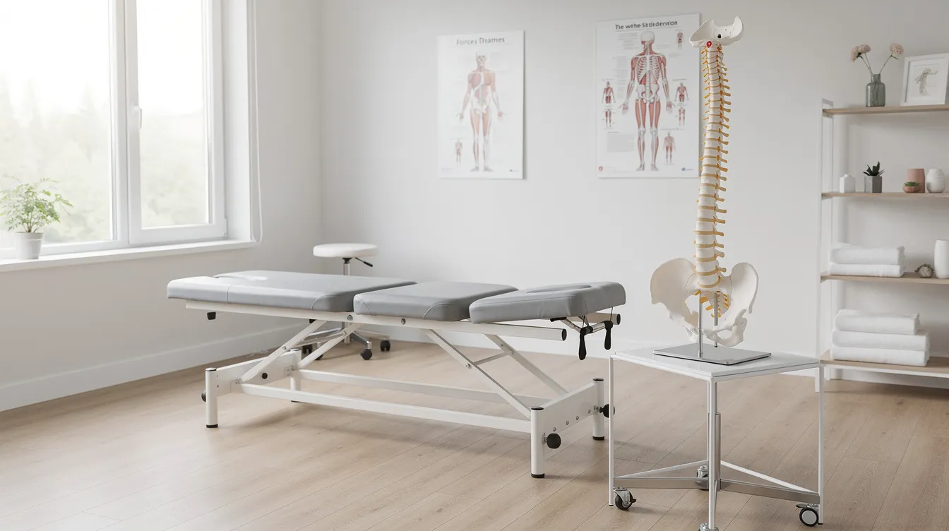 The image depicts a bright chiropractic clinic interior featuring a treatment table, an anatomical spine model, and ample natural light, creating an inviting atmosphere for patients seeking optimal health through chiropractic care. This space emphasizes patient education and quality care, aiming to address concerns related to spinal health and overall well-being.