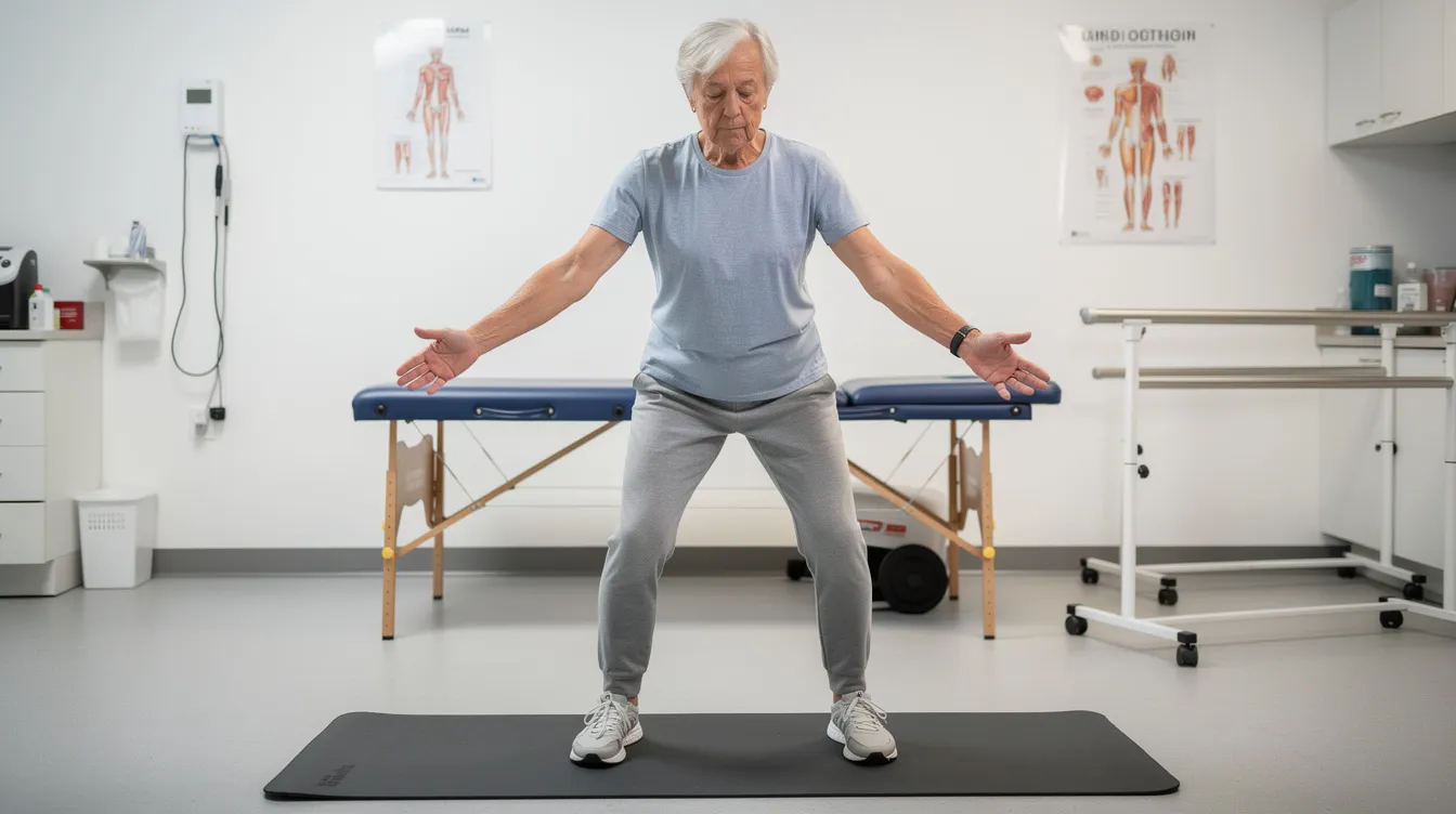 An older adult is performing a gentle balance exercise on a stable surface within a clinical setting, emphasizing the importance of spinal health and mobility. This activity reflects a drug-free approach to chiropractic care, promoting optimal health and well-being through patient education and quality care.