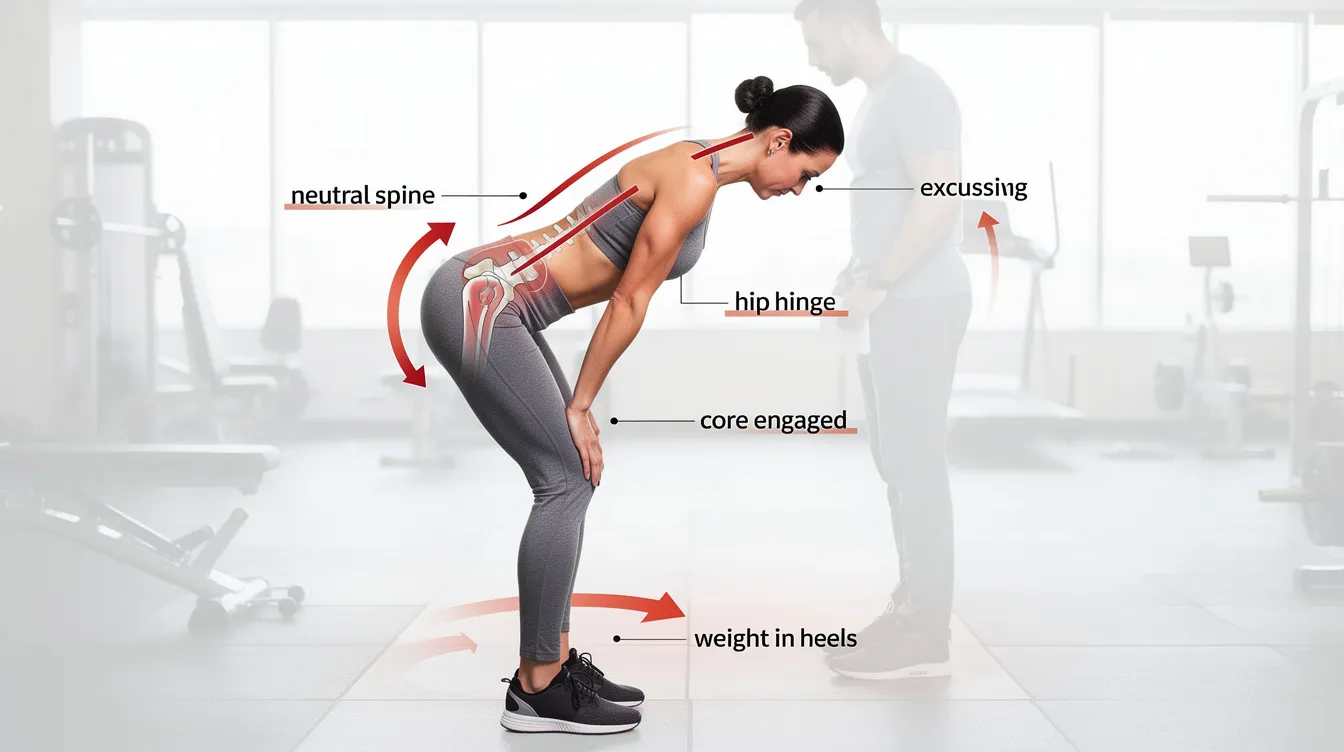 The image depicts a demonstration of a proper hip hinge exercise, highlighting key spinal alignment cues for effective execution. This visual guide emphasizes wellness and proper technique, aligning with the principles of Active Life Chiropractic.