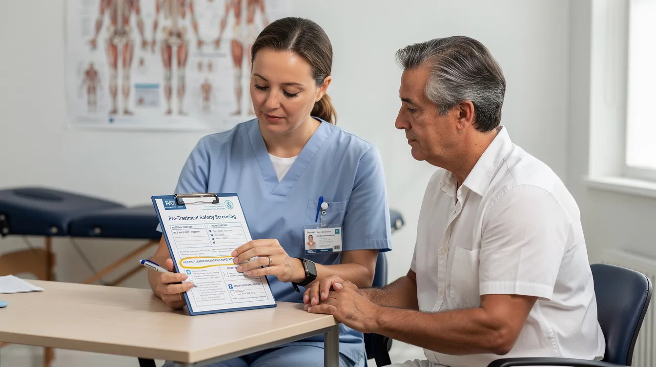 A chiropractor is sitting with a patient, reviewing a medical questionnaire that emphasizes pre-treatment safety screening, essential for developing a tailored treatment plan in chiropractic care. This interaction highlights the importance of understanding the patient's health history and addressing any musculoskeletal disorders, ensuring optimal support for their nervous system and overall well-being.