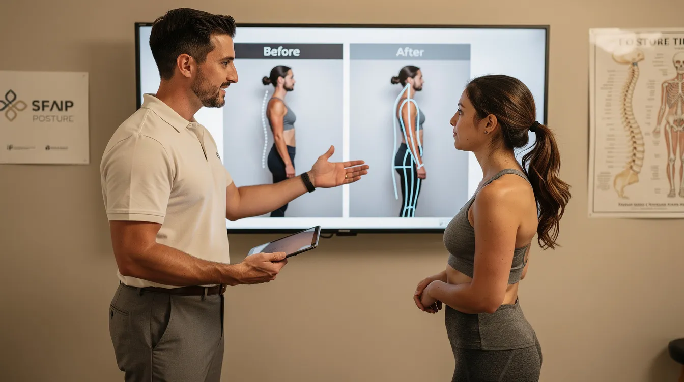 A chiropractor and a patient are reviewing posture comparison photos on a screen, discussing the patient's progress and adjustments needed for better alignment. This interaction highlights the importance of assessing posture and movement in the healing process, as seen in the healing hands approach.