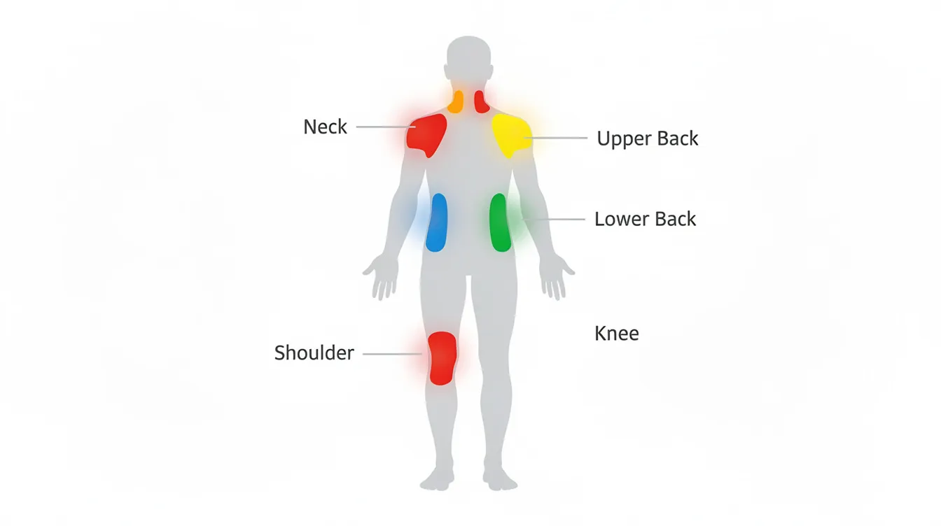 The image depicts a simplified body-map illustration highlighting common pain zones, including the neck, upper back, lower back, shoulder, and knee, on a human silhouette. This visual representation is useful for understanding areas affected by conditions like neck pain and musculoskeletal pain, emphasizing the importance of chiropractic care for optimal health and well-being.