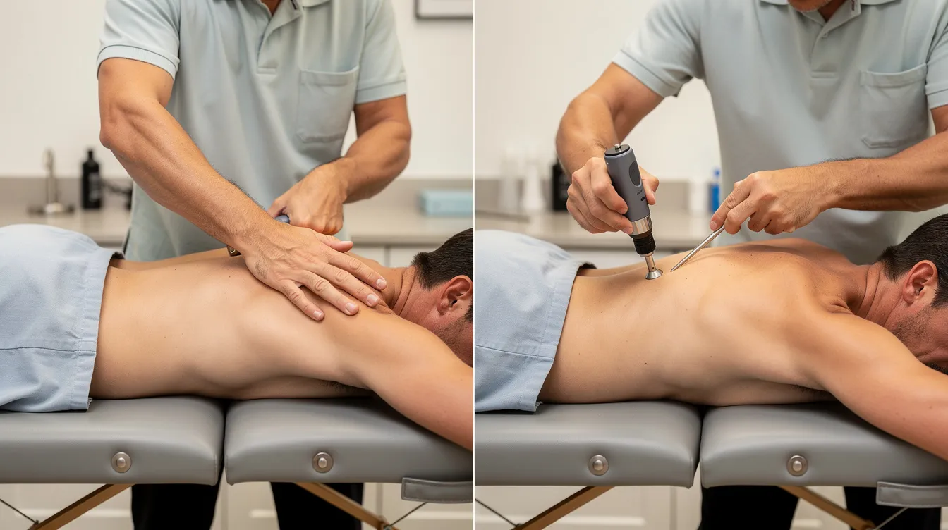 The image features two side-by-side photos illustrating different chiropractic adjustments: one shows a hand-delivered spinal adjustment, while the other depicts an instrument-delivered adjustment on the same spinal region. Both techniques aim to restore proper spinal alignment and alleviate pain, enhancing overall musculoskeletal health and optimizing nervous system function.