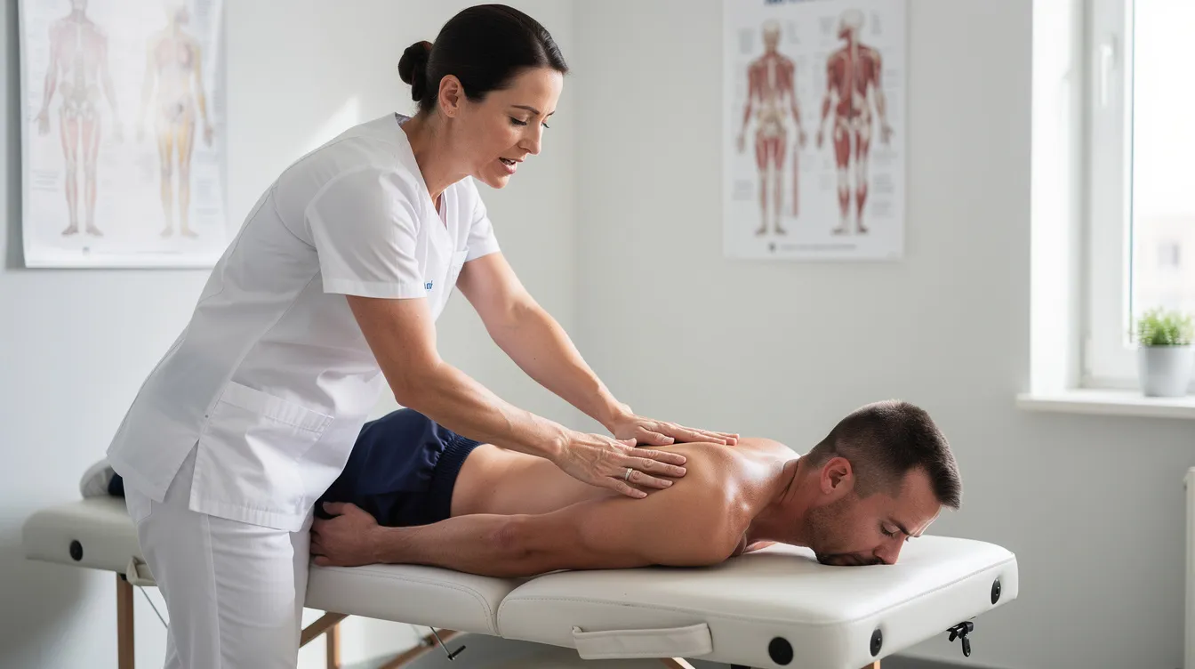 A chiropractor is gently performing a thoracic adjustment on a patient while explaining the technique, focusing on improving posture and relieving pain associated with shoulder issues. The scene emphasizes the supportive environment of total health chiropractic, where patients are educated about their spinal health during their first visit.