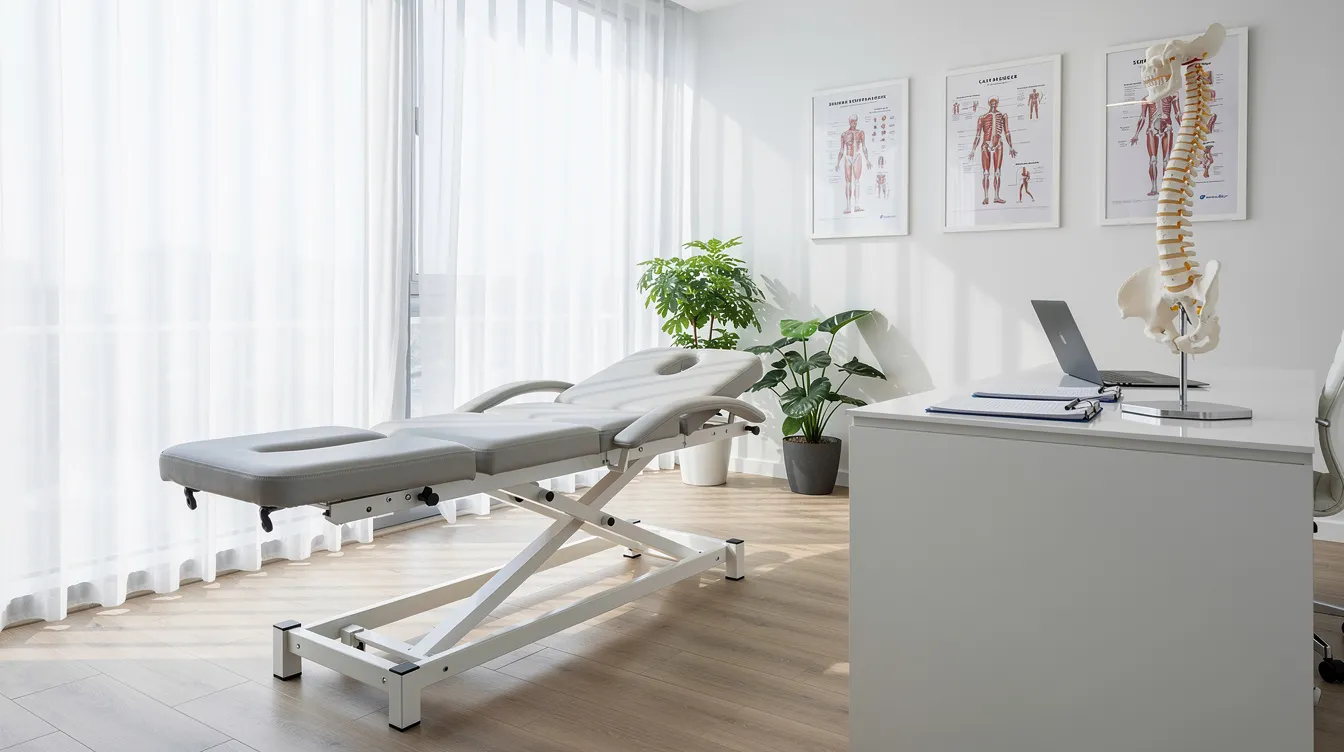 The image depicts a bright and modern chiropractic clinic interior featuring a treatment table and a spine model on a desk, illuminated by natural light streaming through large windows. This inviting space is designed for chiropractic care, offering a comfortable environment for patients seeking relief from musculoskeletal pain and promoting the body's natural healing processes.