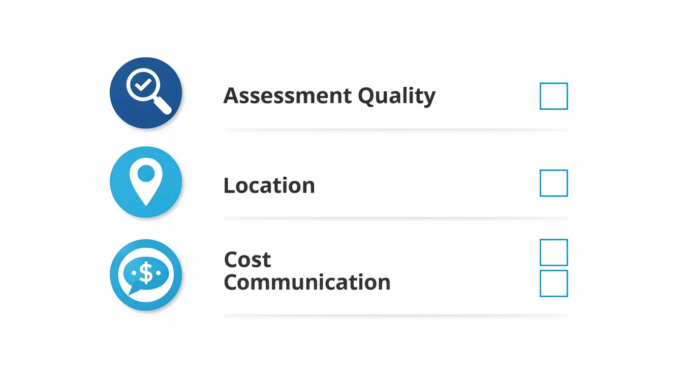 The image features a checklist graphic with various icons symbolizing key factors such as assessment quality, location, cost, and communication, reflecting the comprehensive approach of the Healing Hands app in providing care. This visual representation emphasizes the importance of these elements in enhancing lives through effective treatments and adjustments.