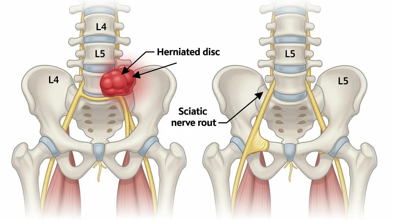 The image depicts a diagram of the lumbar spine and pelvis, highlighting a herniated disc that is compressing the sciatic nerve root, which can lead to symptoms such as pain and numbness. This illustration serves as a visual aid for understanding the importance of spinal health and the role of chiropractic care in addressing such conditions for optimal health and well-being.