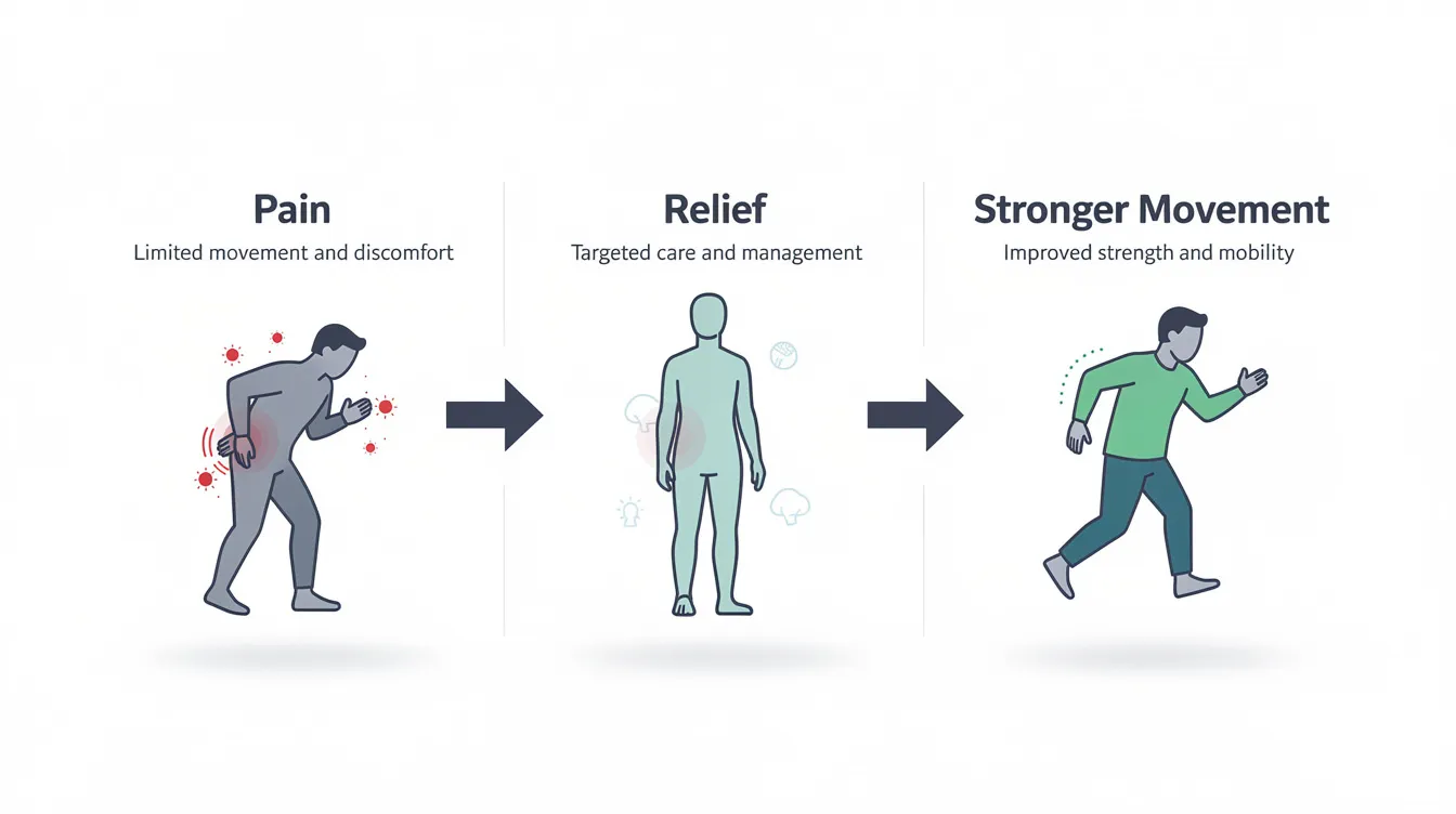 The diagram illustrates a simple care pathway, showing the progression from experiencing pain, through relief, to achieving stronger movement, highlighting the role of chiropractic care and treatment in enhancing the health and function of the musculoskeletal system. Key elements include spinal manipulation and rehabilitative exercises that contribute to overall well-being and mobility.