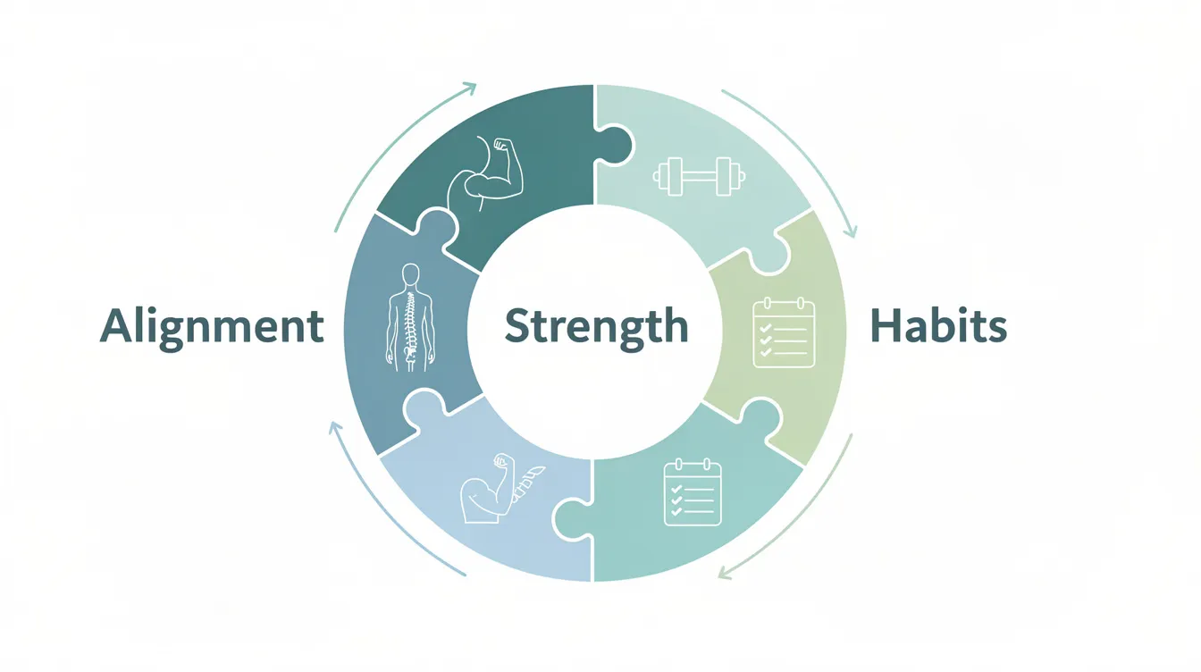 The infographic depicts three interlocking puzzle pieces labeled "Alignment," "Strength," and "Habits," symbolizing a comprehensive approach to wellness. This visual emphasizes the importance of proper spinal alignment and chiropractic care in promoting overall well-being and optimizing nervous system function.