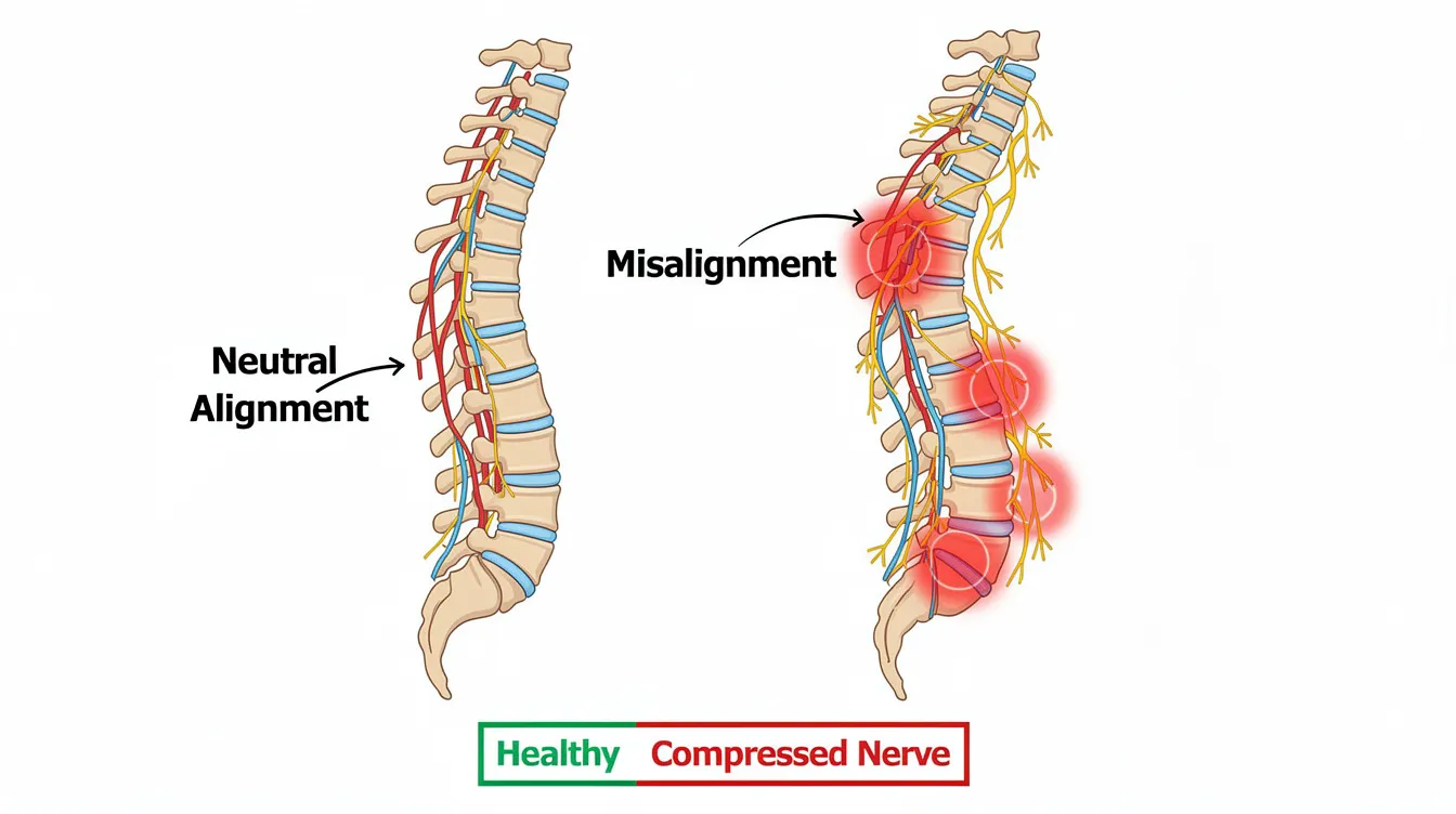 The image displays a side-by-side comparison of a neutral aligned spine and a misaligned spine, highlighting specific points of nerve compression. This visual representation emphasizes the importance of spinal health and wellness, as promoted by Active Life Chiropractic.