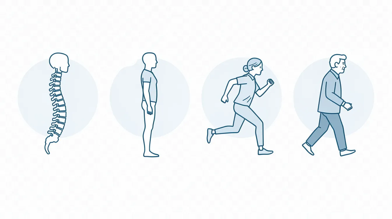 The image features an icon set that includes a spine, a silhouette demonstrating good posture, a figure in motion running, and an older adult walking, symbolizing wellness and an active lifestyle. This collection reflects the principles of Active Life Chiropractic, emphasizing the importance of maintaining health and mobility at any age.