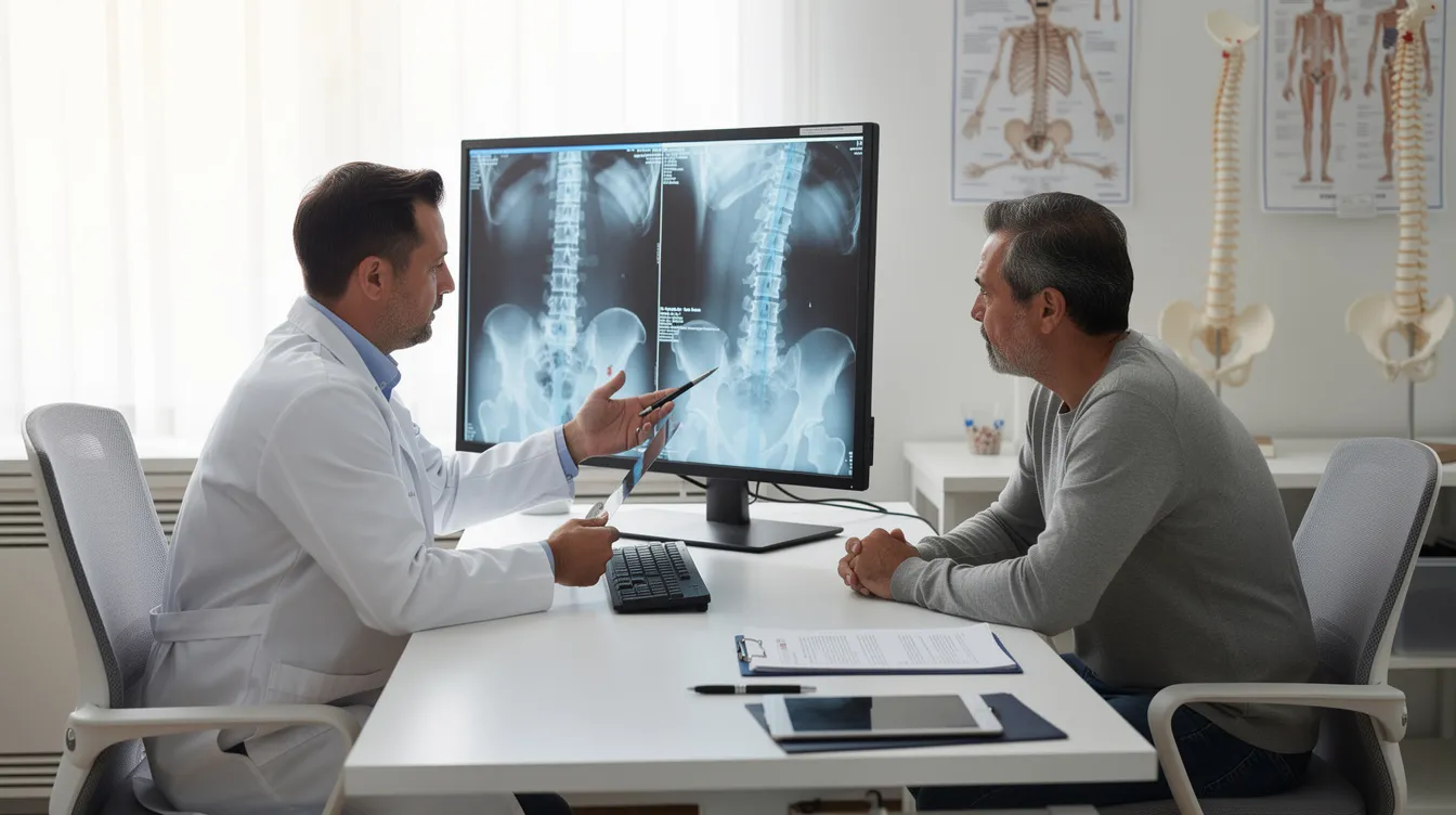 A chiropractor is consulting with a patient while reviewing spinal X-rays, discussing the patient's health history and treatment plan for issues such as neck pain and joint pain. This session highlights the importance of chiropractic care in diagnosing musculoskeletal disorders and developing a non-invasive approach to enhance overall health and well-being.