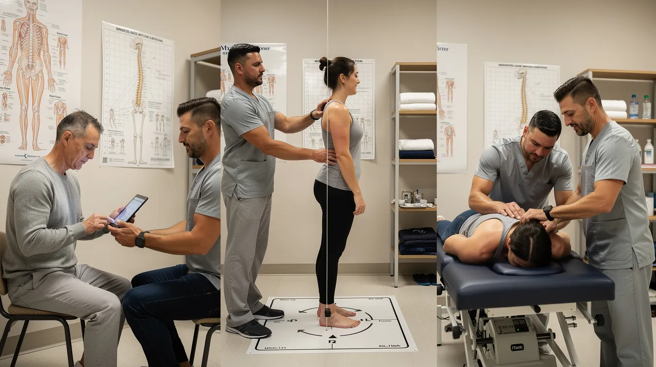 The image sequence depicts a patient undergoing a chiropractic consultation, followed by a postural examination and spinal adjustments in a private treatment room. This process highlights the chiropractor's focus on restoring proper spinal alignment and alleviating pain associated with poor posture and muscle tension, ultimately promoting overall well-being and optimizing nervous system function.