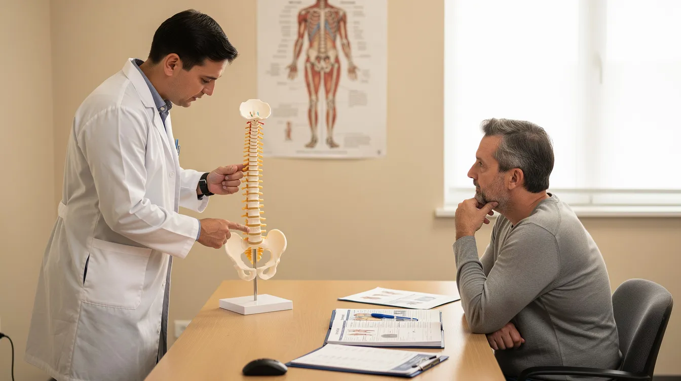 A chiropractor is pointing to a detailed spine model while explaining findings to a seated patient in a consultation room, emphasizing the importance of spinal examination for addressing issues like shoulder pain and headaches. The total health chiropractic logo is visible in the background, highlighting their commitment to patient care and understanding of the body’s movement and posture.