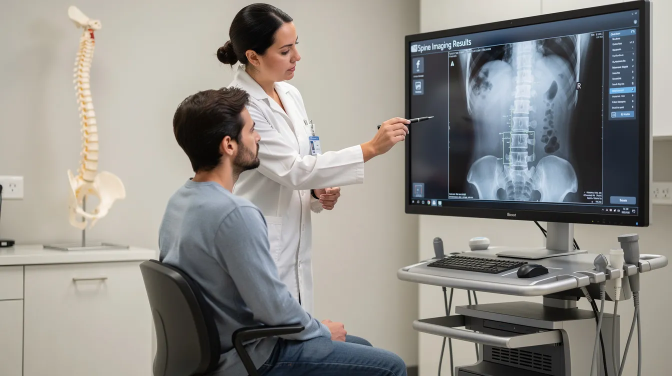 A chiropractor is discussing spine imaging results with a patient, both focused on the clinical monitor displaying detailed images. This scene reflects the commitment to wellness and the personalized experience at Active Life Chiropractic.
