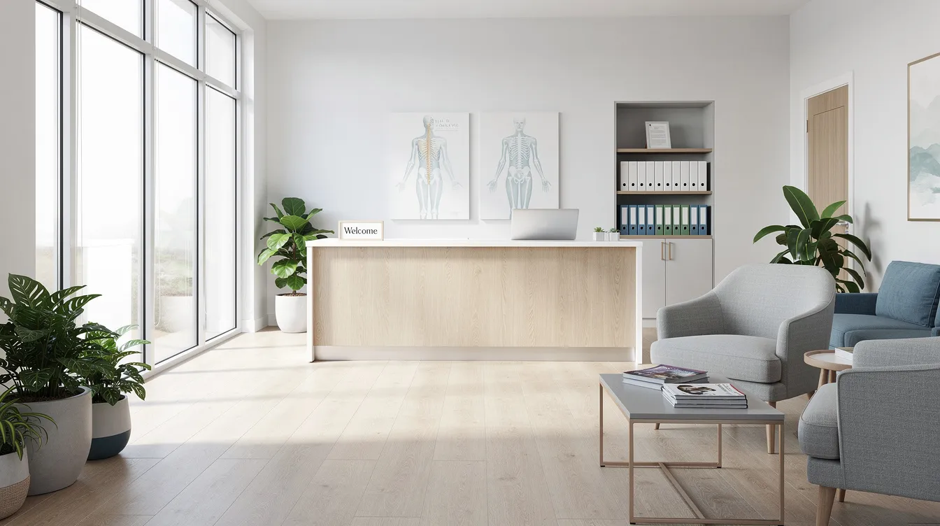 The image depicts a welcoming reception area of a chiropractic clinic, featuring clean modern decor and abundant natural light, creating an inviting atmosphere for patients seeking chiropractic care. This space reflects a commitment to quality care and patient education, emphasizing a drug-free approach to optimal health and well-being.