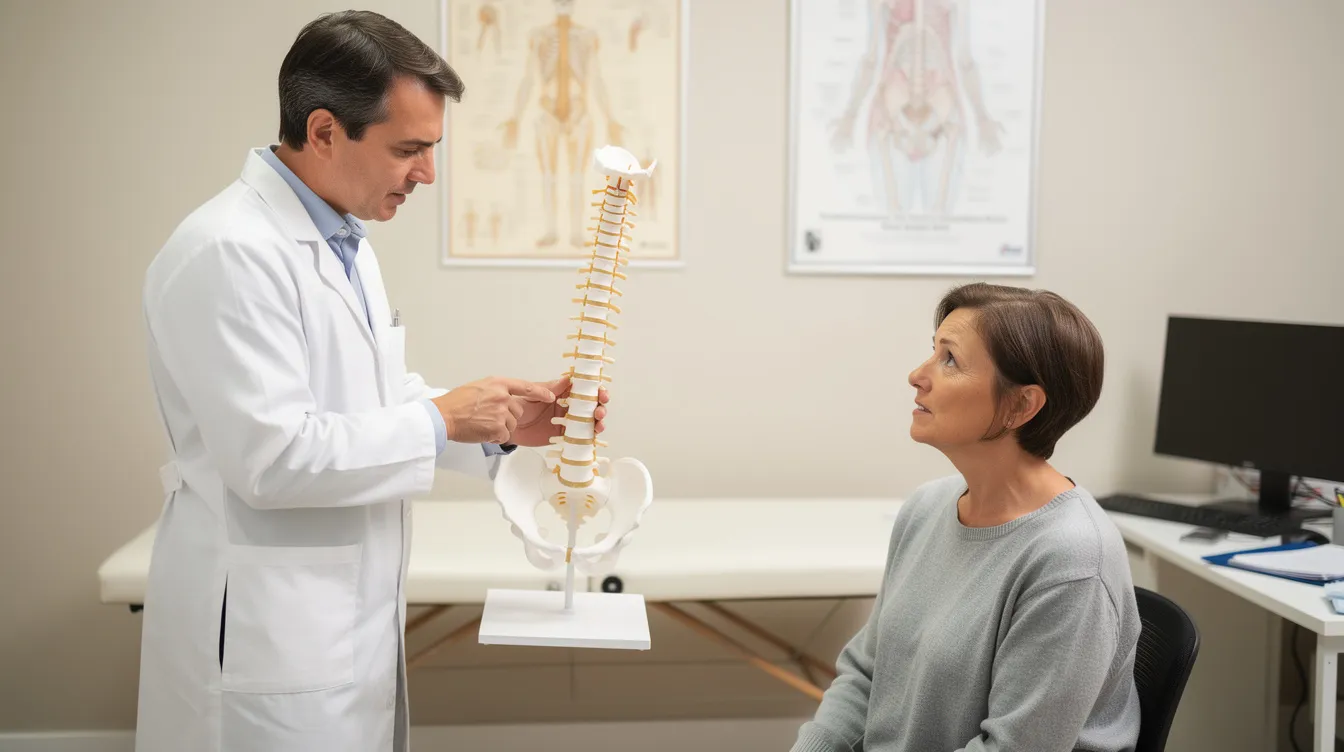 A chiropractor is seated with a patient in a consultation room, explaining a spine model to illustrate the importance of proper spinal alignment and how chiropractic adjustments can alleviate pain and improve nervous system function. The discussion emphasizes the role of spinal health in managing back or neck pain and promoting overall well-being.